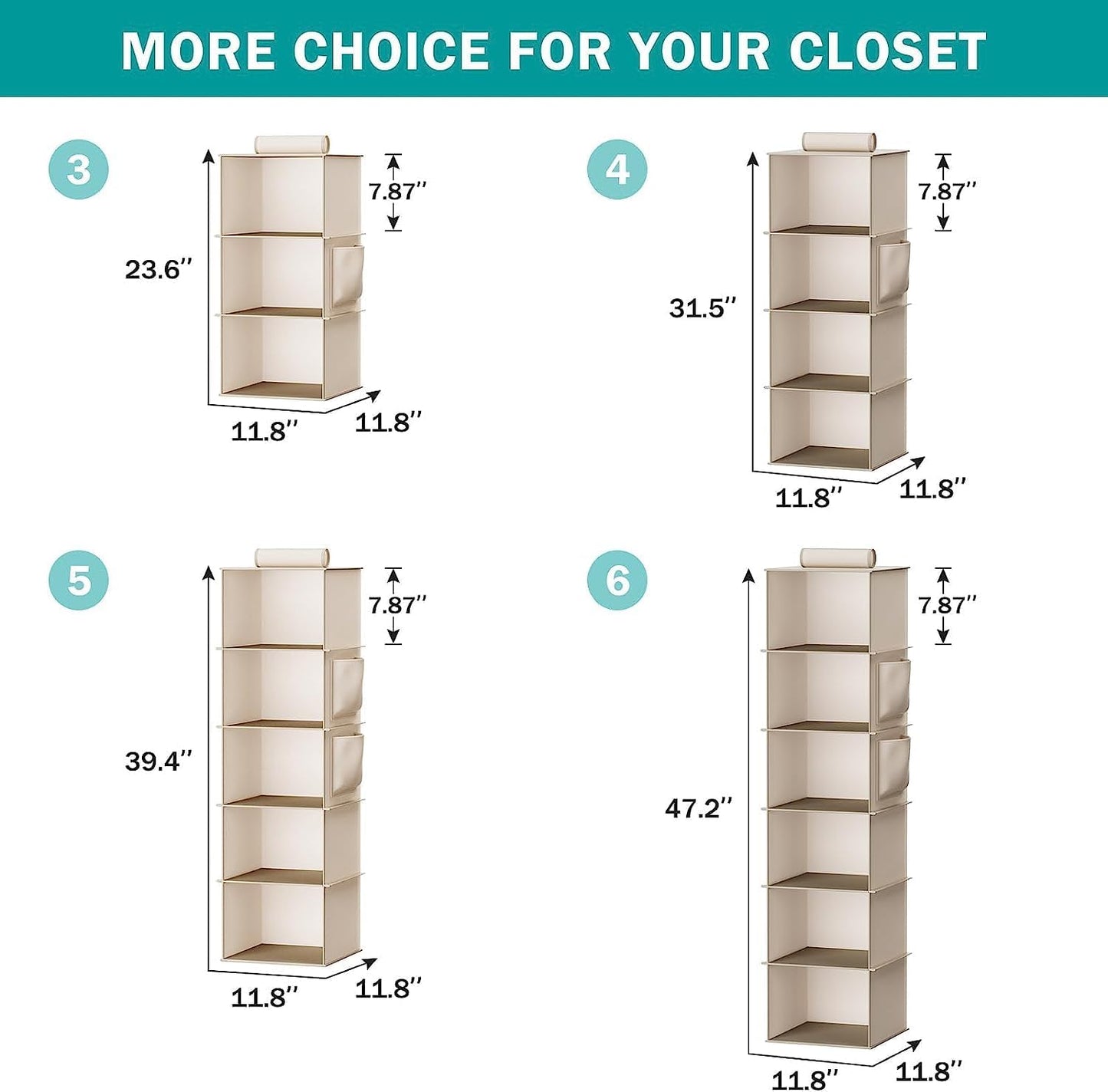 Hanging Closet Organizers 6 Shelves Wardrobe Storage Hanging Shelves with Side Pockets Clothes Organizer Bedroom Storage Beige