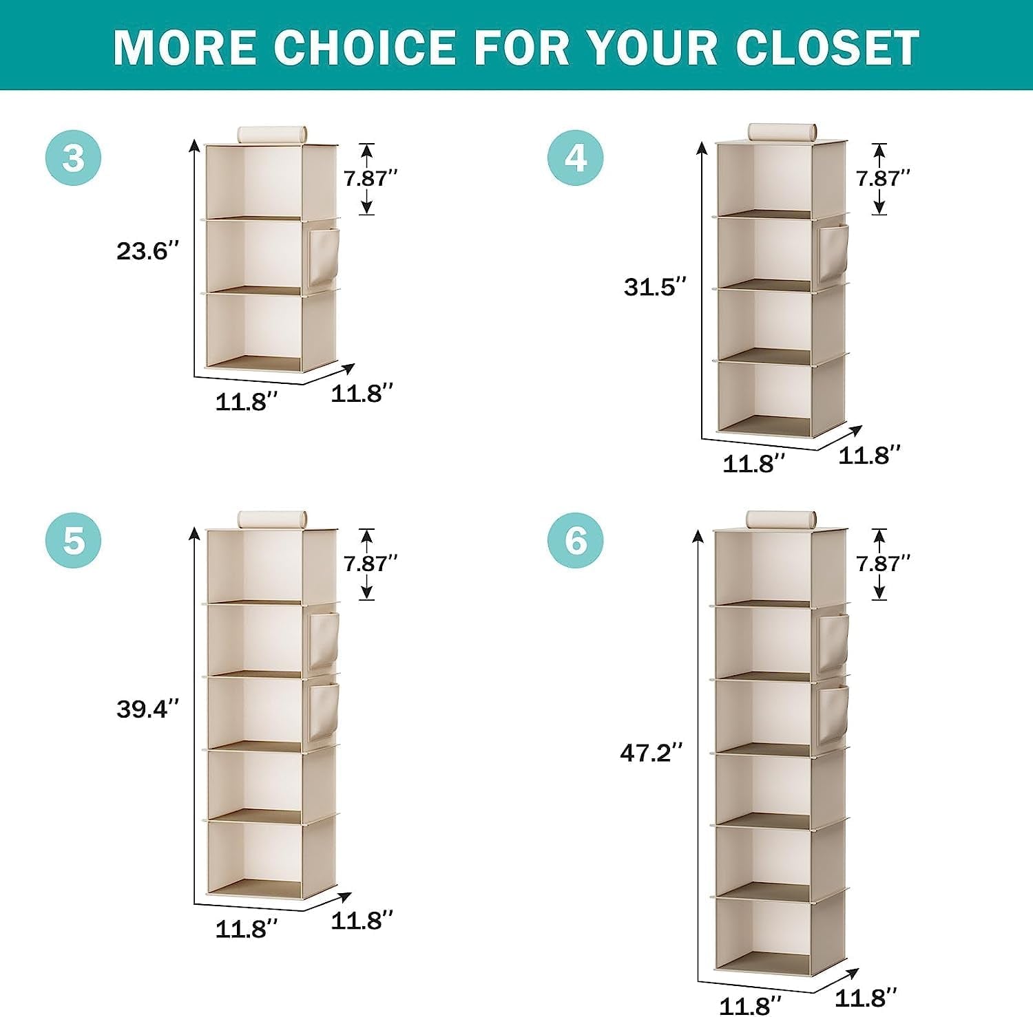 Hanging Closet Organizers 6 Shelves Wardrobe Storage Hanging Shelves with Side Pockets Clothes Organizer Bedroom Storage Beige
