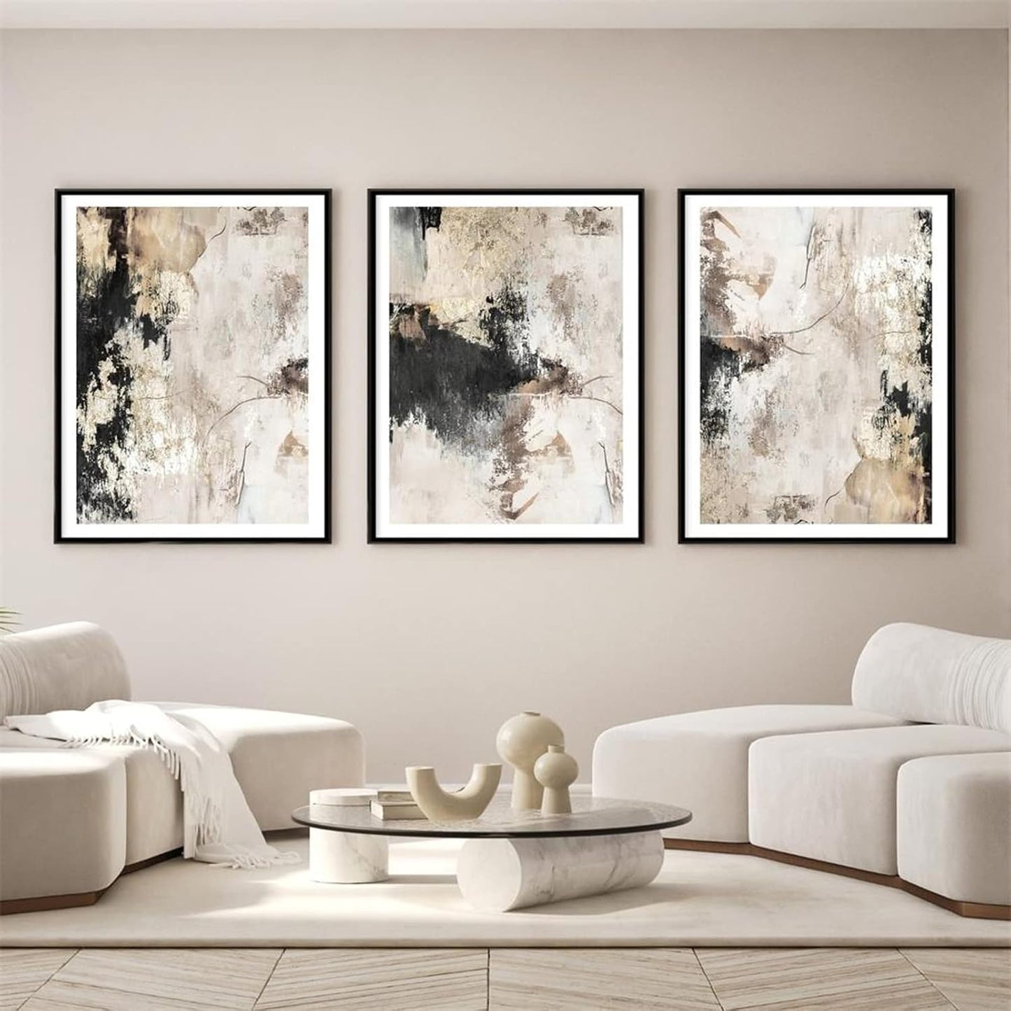 Modern Abstract Beige Canvas Wall Art Black Grey Beige Abstract Painting Black Beige Brown and Gray Decor Poster for Living Room Gold Foil Black and White Modern Canvas Wall Art 16X24Inchx3 No Frame