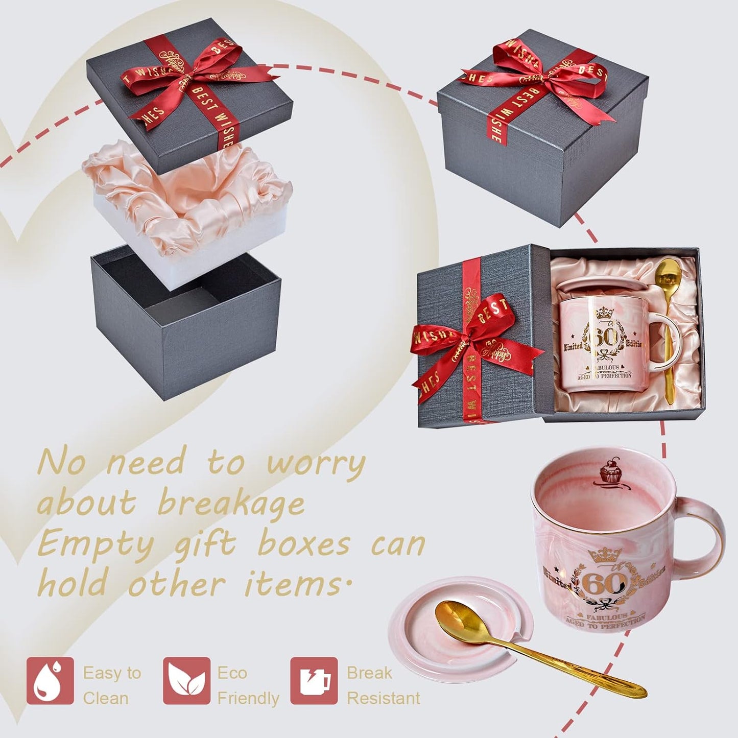 60Th Birthday Gift for Women, Fabulous 1964 Aged to Perfection - 14Oz Pink Coffee Mug Printed with Gold, Turning 60 Gifts for 60 Years Old Woman, Mum, Grandma, Friend, Her, Ceramic Marble Cup with Box