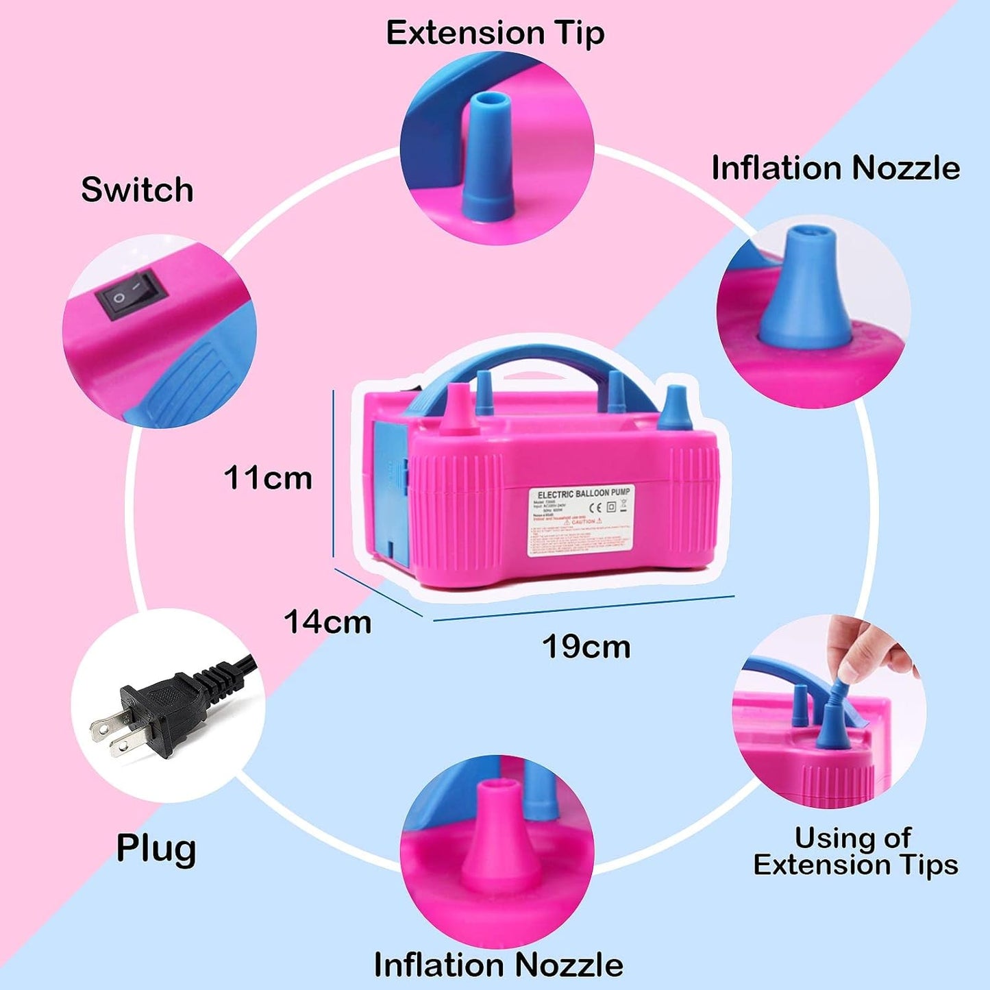 Electric Balloon Pump, Portable Dual Nozzle High Power (AC220-240V 600W) Balloon Inflator Blower Pump for Party, Wedding, Birthday, Activities and Festival Decoration