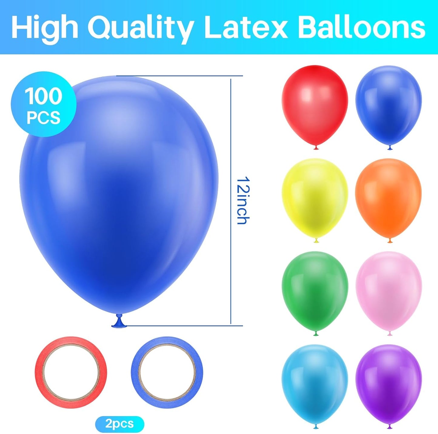 12 Inch 100 Packs Rainbow Party Balloons, Multicoloured Latex Balloons, Assorted Rainbow Balloons Birthday Balloons with 2 Rolls of Ribbon for Birthday Party Wedding Baby Shower
