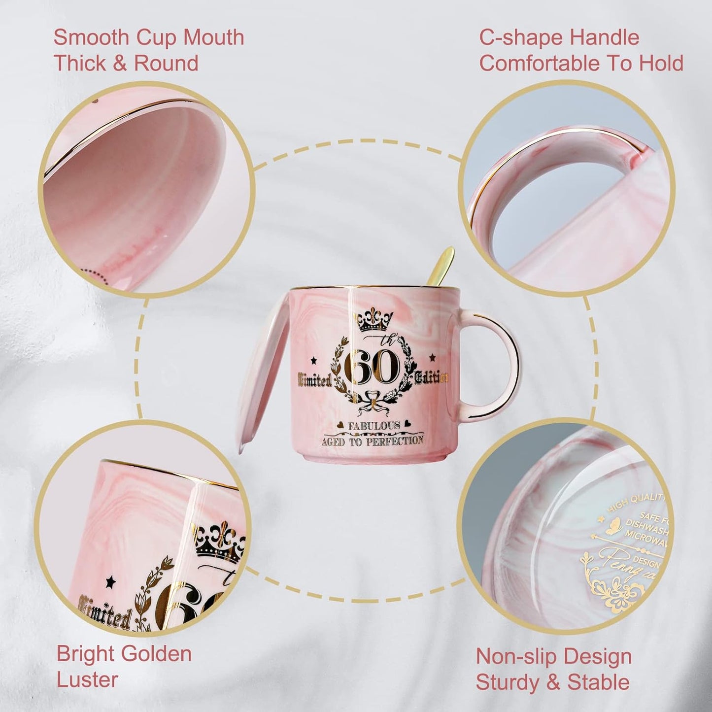 60Th Birthday Gift for Women, Fabulous 1964 Aged to Perfection - 14Oz Pink Coffee Mug Printed with Gold, Turning 60 Gifts for 60 Years Old Woman, Mum, Grandma, Friend, Her, Ceramic Marble Cup with Box