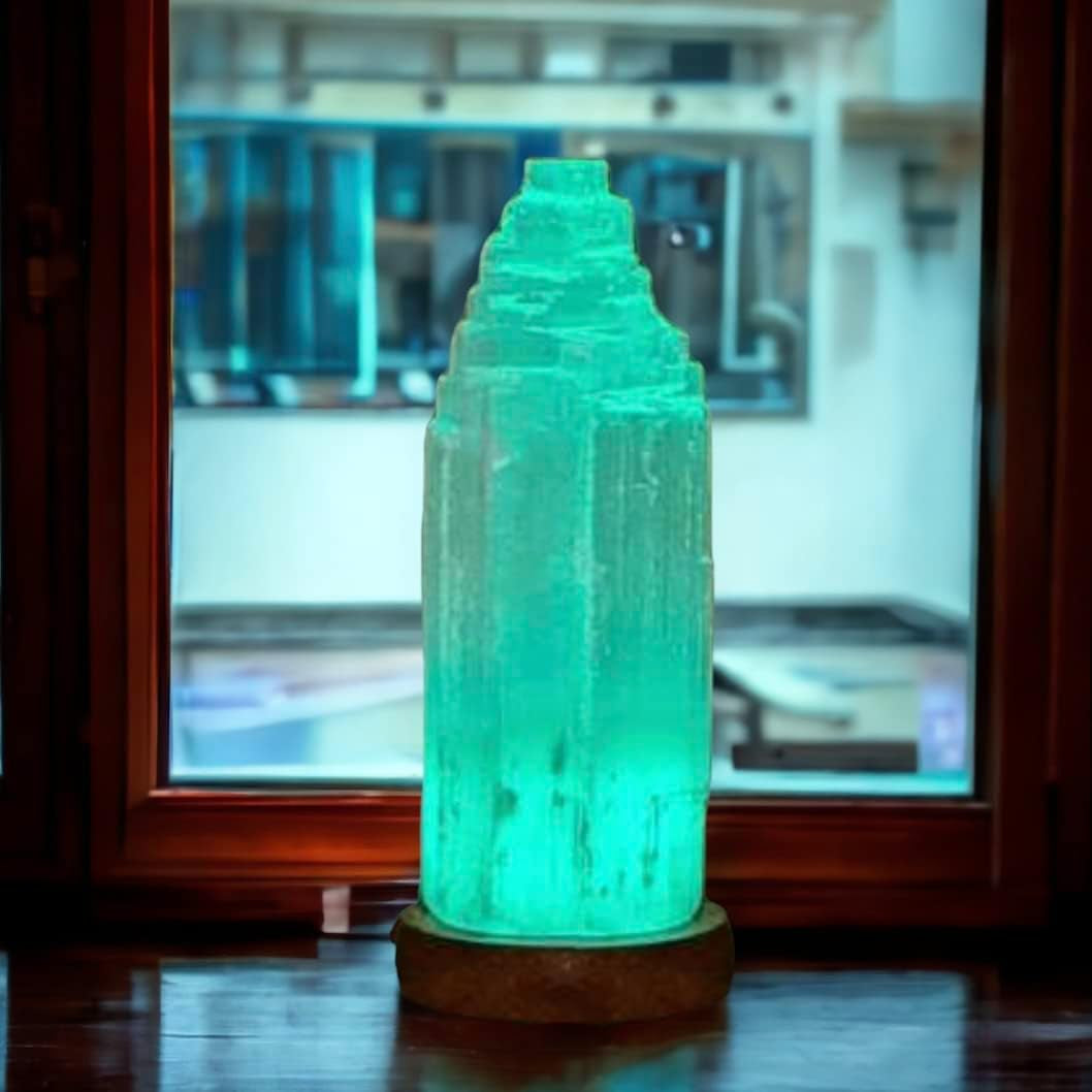 Pure Selenite Crystal Rock USB Mountain Tower LED Lamp Handcrafted Multi-Colour Wooden Base Meditation Healing Energy Mineral Gift Home Decoration Lamp (20Cm)