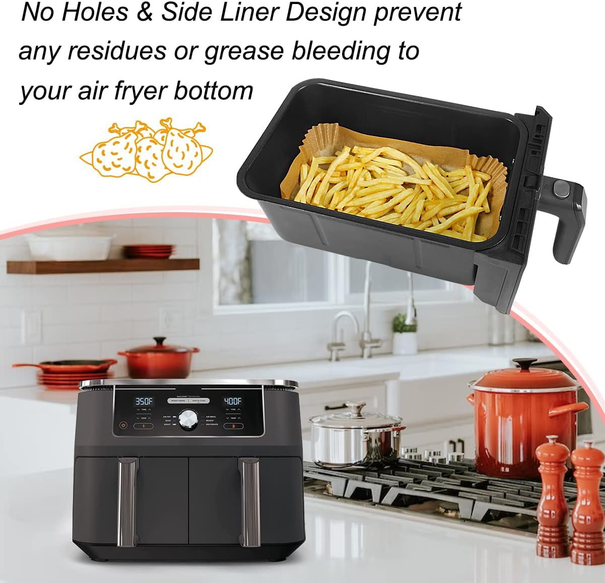 100Pcs Air Fryer Liners for Ninja Dual, Air Fryer AF300UK AF400UK Accessories, Disposable Airfryer Parchment Paper Liners, Compatible with Ninja, Salter, Tower and Other Dual Zone Fryers