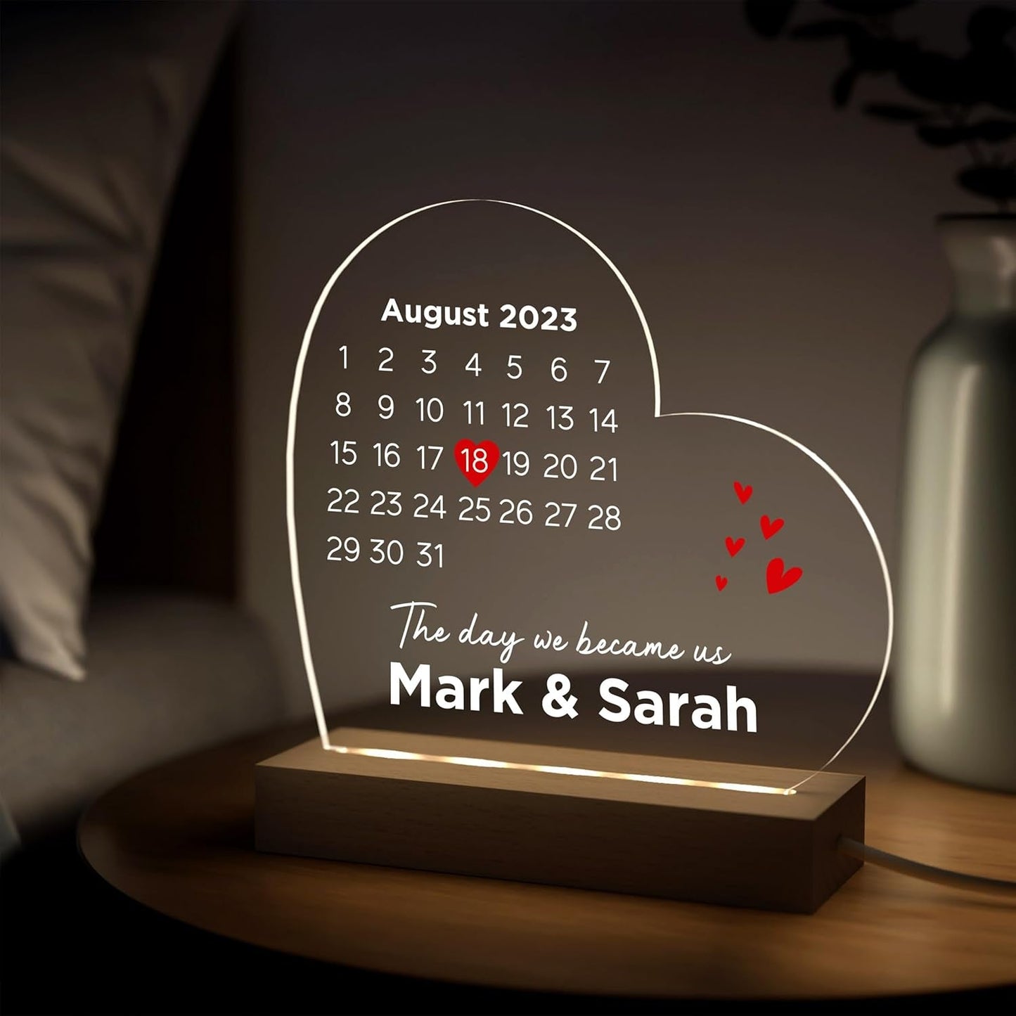 Wedding Anniversary Engagement Date Gifts for Him or Her, Gifts for Girlfriend Boyfriend, Valentine'S Day Gifts, Personalised LED Wooden Night Light for Wife Husband