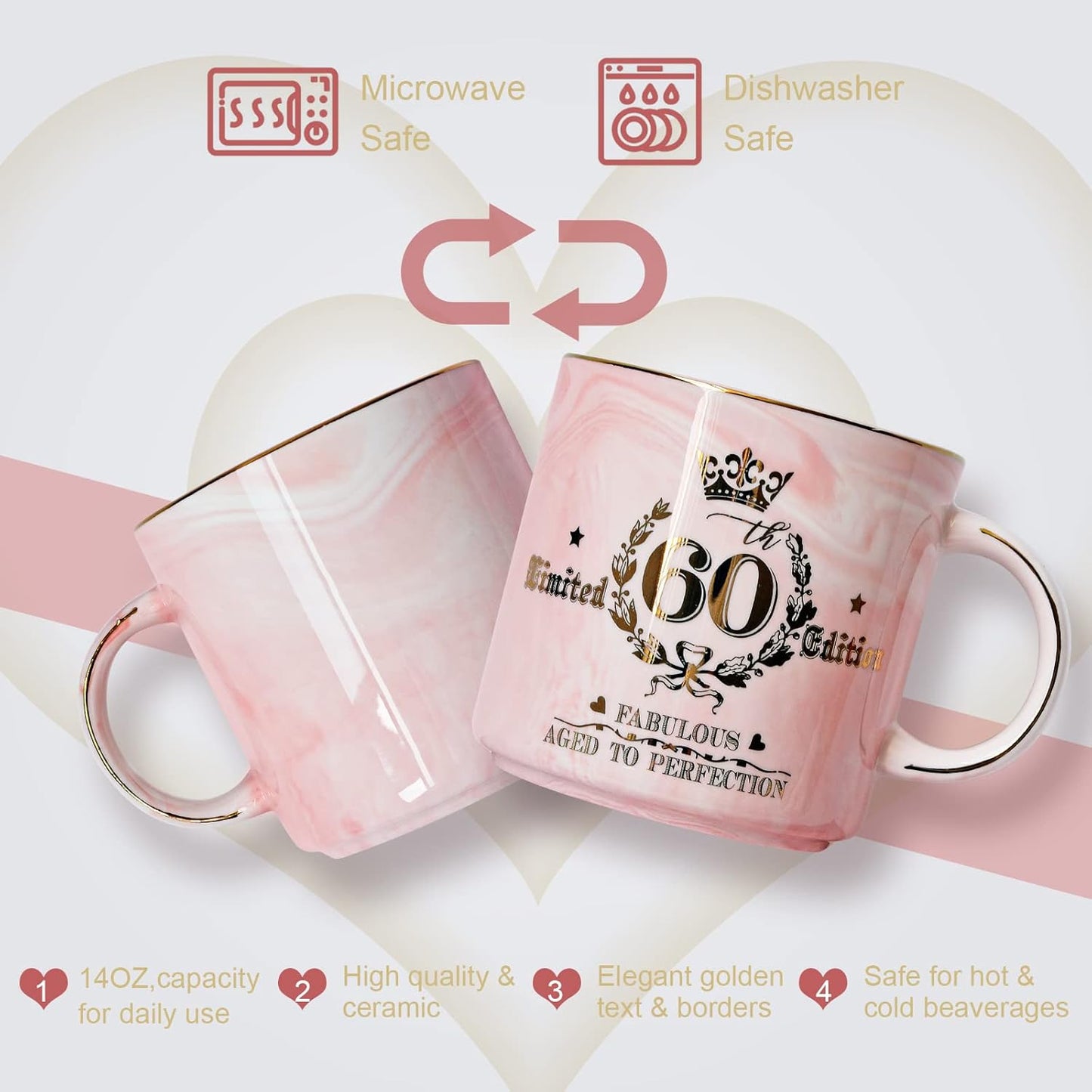 60Th Birthday Gift for Women, Fabulous 1964 Aged to Perfection - 14Oz Pink Coffee Mug Printed with Gold, Turning 60 Gifts for 60 Years Old Woman, Mum, Grandma, Friend, Her, Ceramic Marble Cup with Box