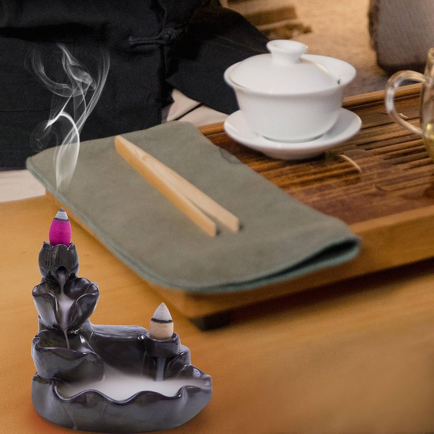 Ceramic Waterfall Backflow Incense Burners - 80 Pcs Backflow Incense Cones + 30 Incense Sticks - for Relaxation, Yoga, Purification, Meditation Gift