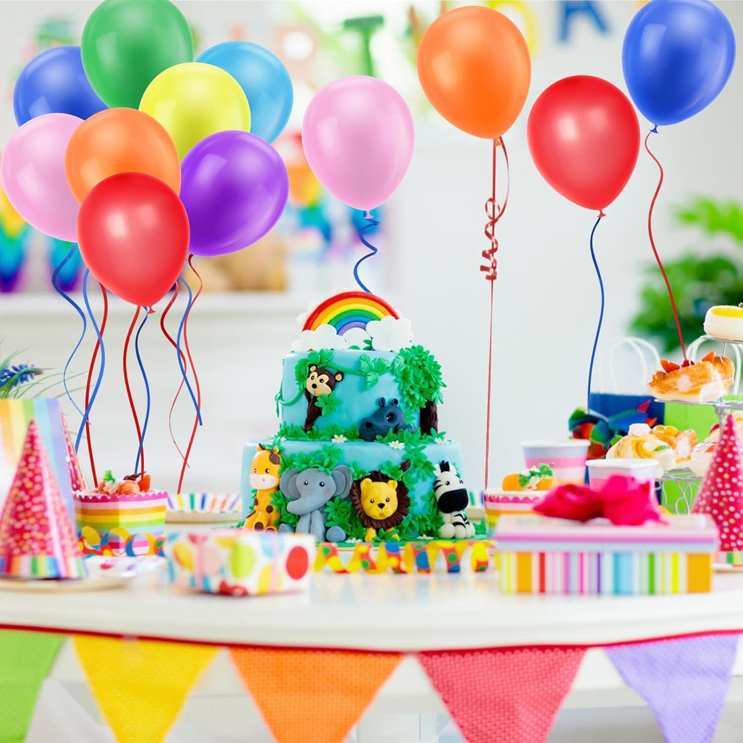 12 Inch 100 Packs Rainbow Party Balloons, Multicoloured Latex Balloons, Assorted Rainbow Balloons Birthday Balloons with 2 Rolls of Ribbon for Birthday Party Wedding Baby Shower