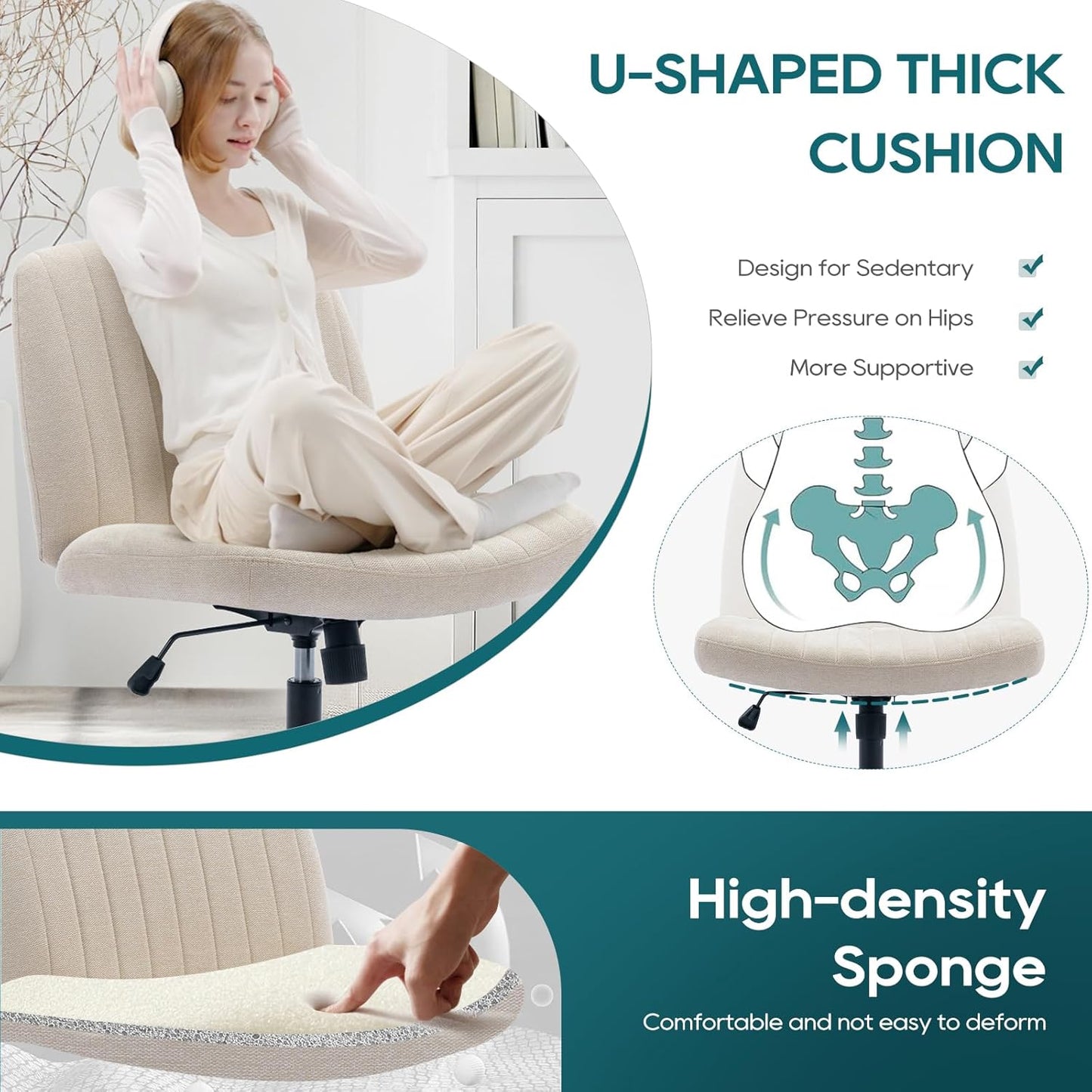 Wide Office Chair, Padded Armless Task Vanity Chair Swivel Home Office Desk Chair 115°Rocking Mid Back Ergonomic Computer Chair for Home Working, Make Up, Gaming (With Wheels, Beige)