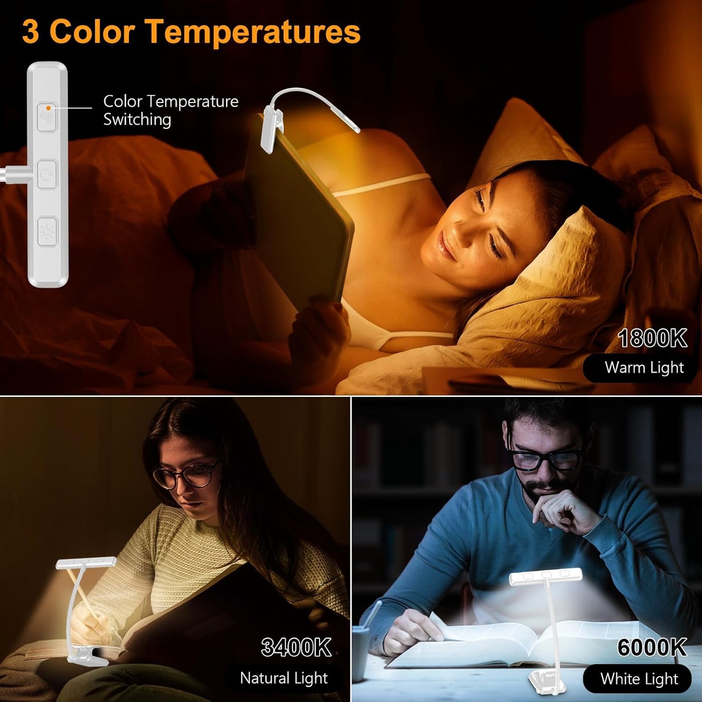 19 LED Book Light, Reading Light Book Lamp for Reading at Night with Memory Function, 3 Eye-Protecting Modes -Stepless Dimming, Long Battery Life, 360° Flexible Lamp for Bed,Tablet- White