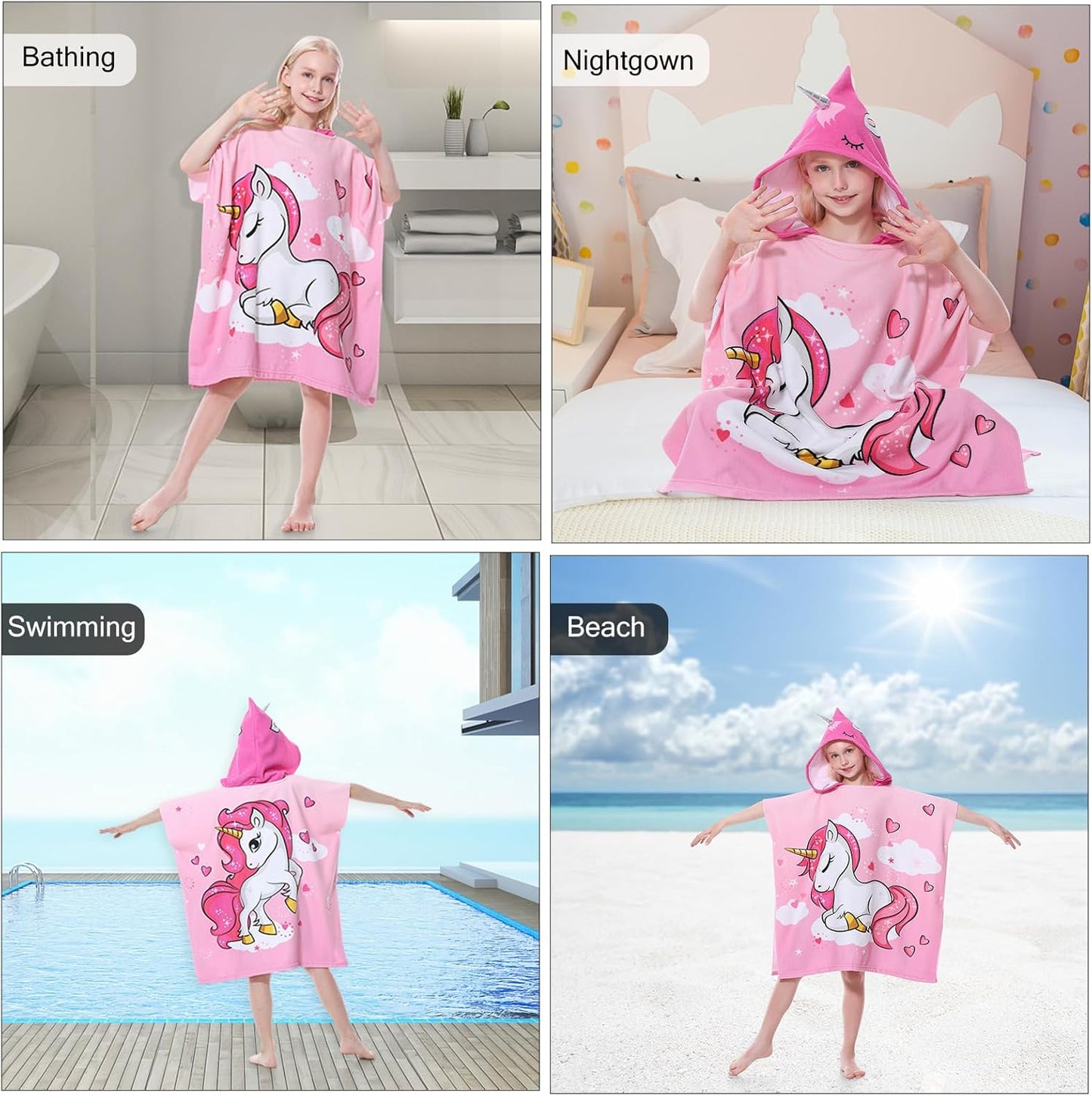 Kids Hooded Poncho Towels, Beach Changing Robe Bath Towel Poncho for Swimming Pool, Microfiber Soft and Large Bathrobe for Girls Boys Children 6-14 Years Old - Pink Unicorn