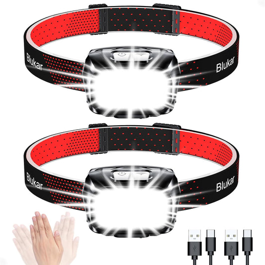 Head Torch Rechargeable, 2 Pack 2000L Super Bright Headlamp Headlight with 8 Light Modes, Spotlight Floodlight Combination, Sensor Control, Waterproof, Long Battery Life for Running,Camping