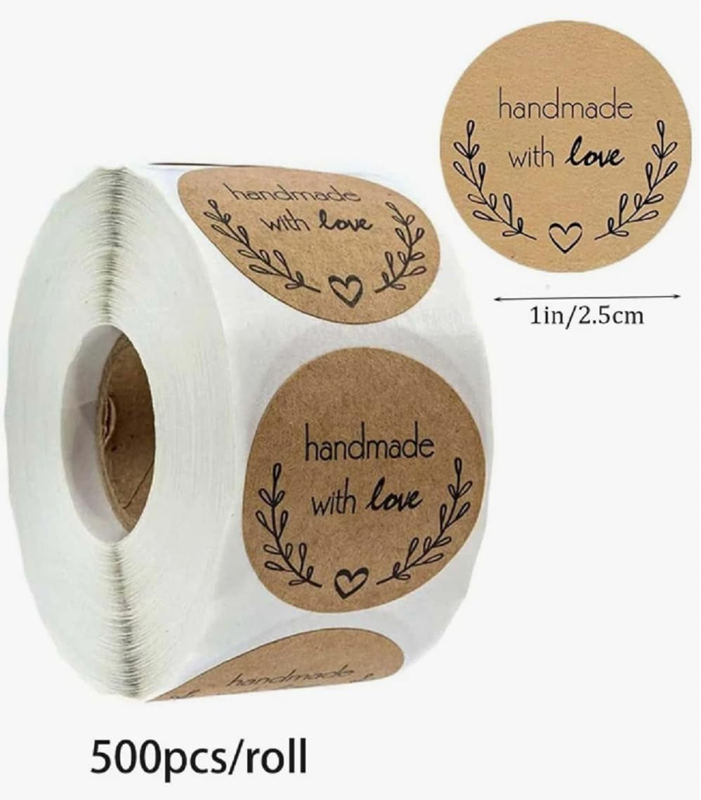 ™ Roll of 500 X Handmade with Love Heart Stickers Labels Gifts Crafts Presents Home Made Gifts (2.5Cm) 25Mm (500 Stickers)