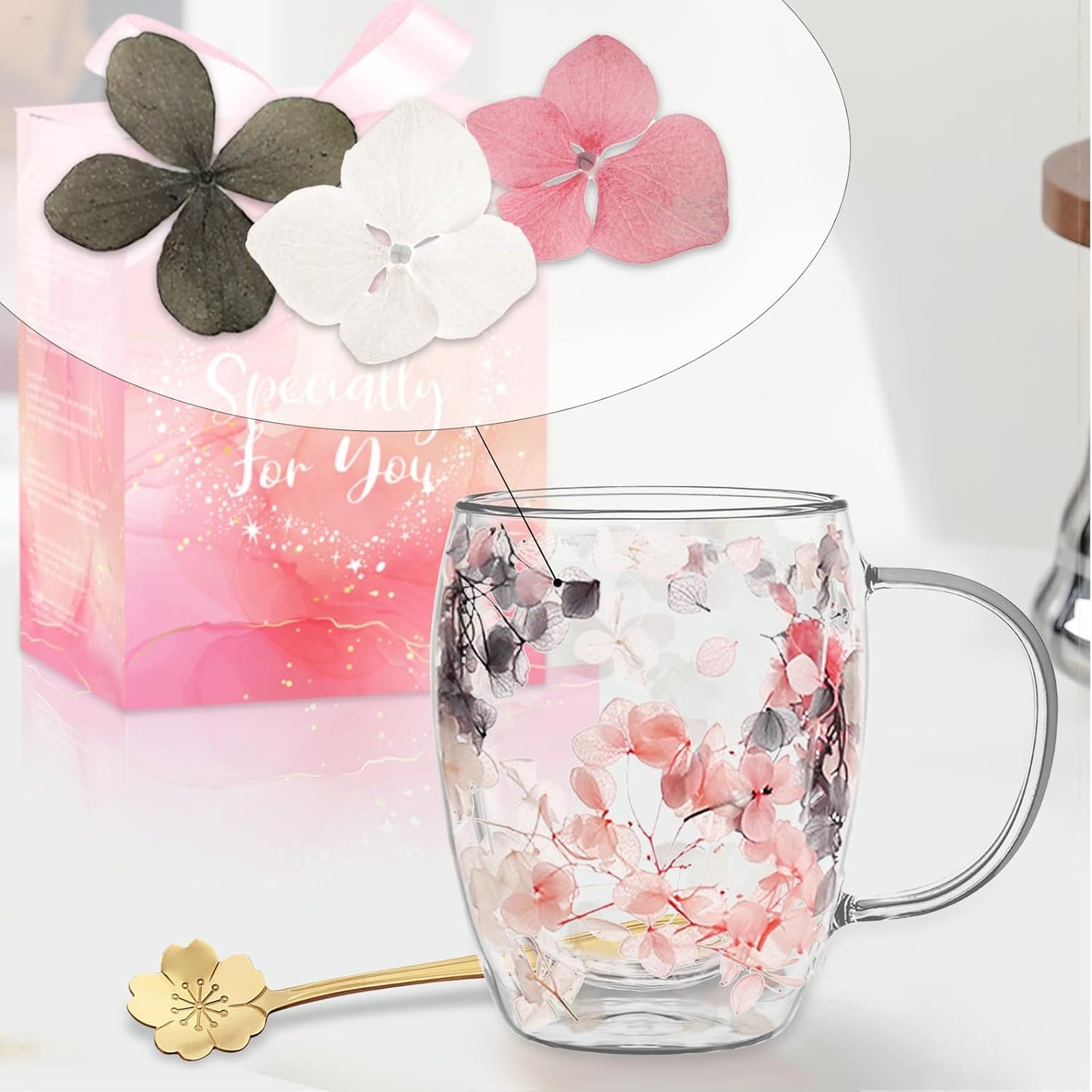 Gifts for Women Dried Flowers Double Wall Glass Coffee Mugs Cute Glass Tea Cups with Handles Christmas Birthday Gifts for Best Friend Teacher Mum Gifts Ideas Autumn Mug Home Decor(Grey+Pink)