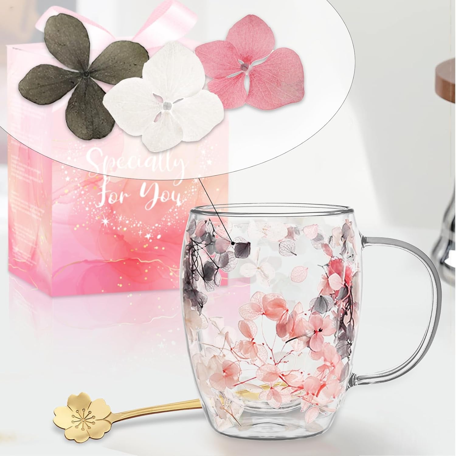 Gifts for Women Dried Flowers Double Wall Glass Coffee Mugs Cute Glass Tea Cups with Handles Christmas Birthday Gifts for Best Friend Teacher Mum Gifts Ideas Autumn Mug Home Decor(Grey+Pink)