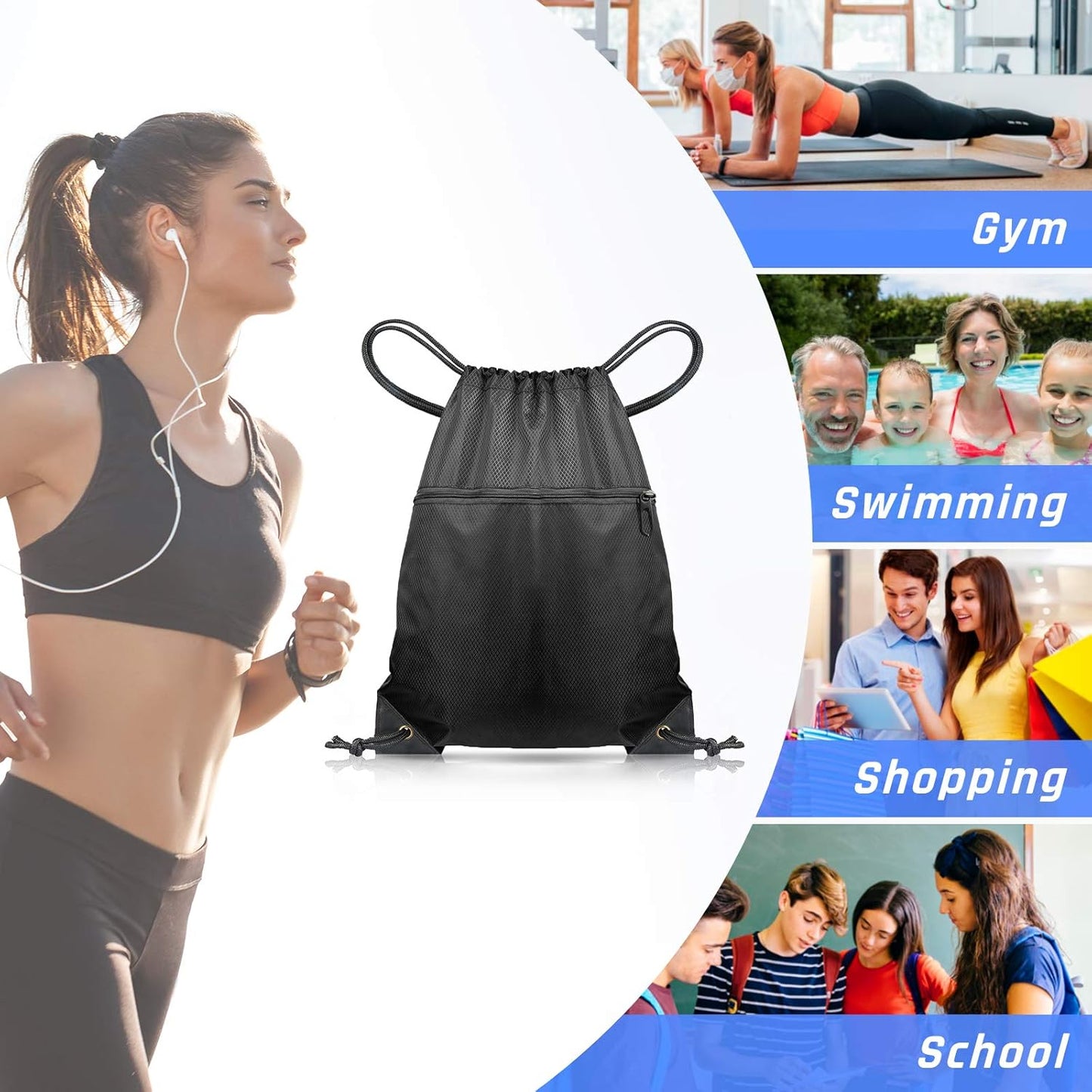 Drawstring Gym Bag, Large Sports Backpack String Swim Drawstring PE Bags for Women Men, Travel Beach School Bag with Waterproof