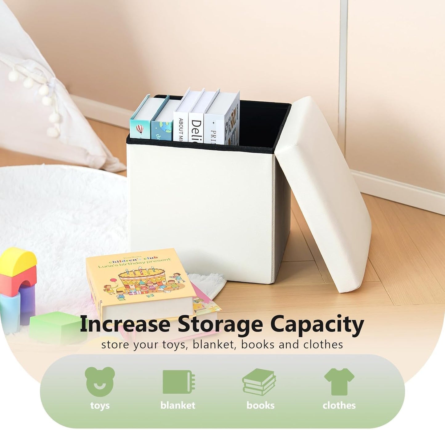 Beige Faux Leather Small Ottoman Storage Boxes,Folding Toy Chest Foot Rest with Storage,Toy Cheat Boxes for Kids,Footstool for Living Room,Bedroom 30 X 30 X 30Cm