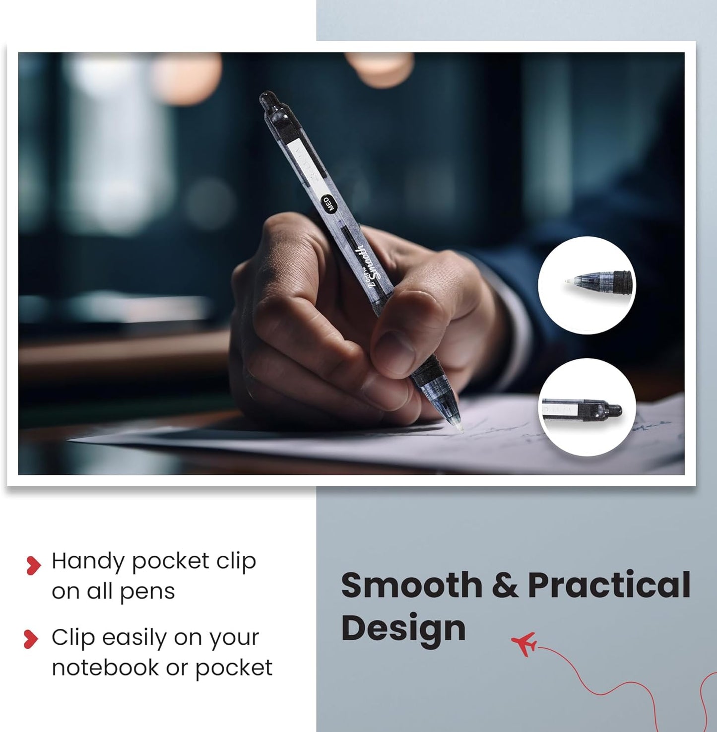 Z Grip Smooth Black Ballpoint Pens, Comfortable s with Pocket Clip, Retractable Ballpoint, Reliable Black Biro Pens Multipack for Everyday Use - Medium Point, 5Pk