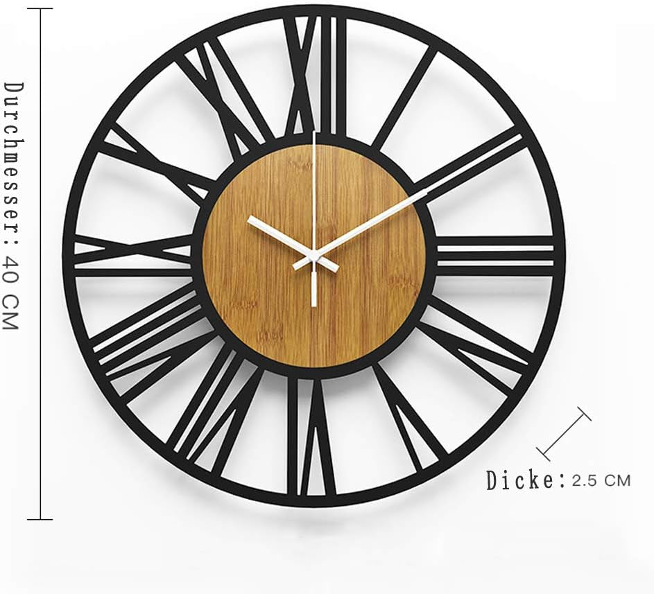 Large Wall Clocks,Silent,Non Ticking,Battery Operated Rustic round Modern Big Wood Wall Clock for Living Room, Bedroom,Kitchen,Farmhouse,Office,Home Decor-16In(40Cm, Black,Roman Numeral)