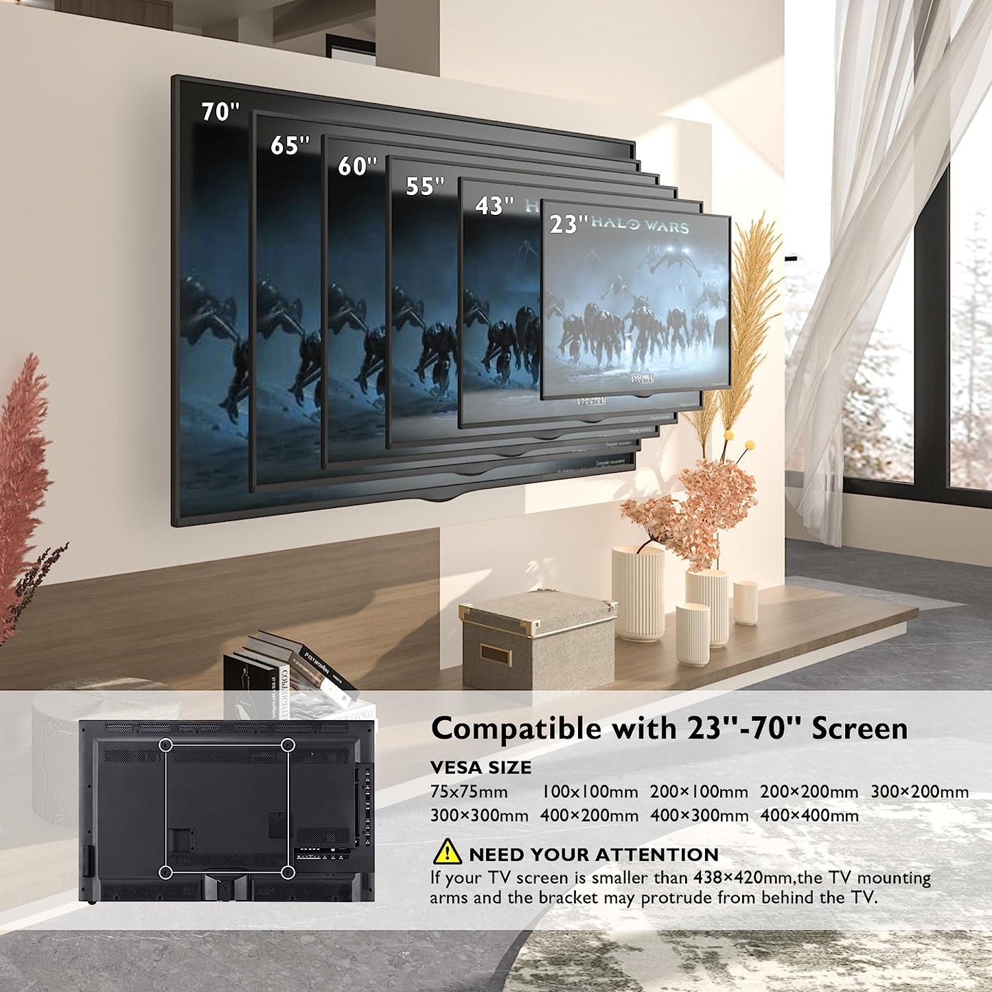 TV Wall Mount for 23-70 Inch LED LCD, Swivels Tilts Extends Double Arm Full Motion TV Wall Bracket Holds up to 45Kg, Includes HDMI Cable, Spirit Level, Max VESA 400X400Mm