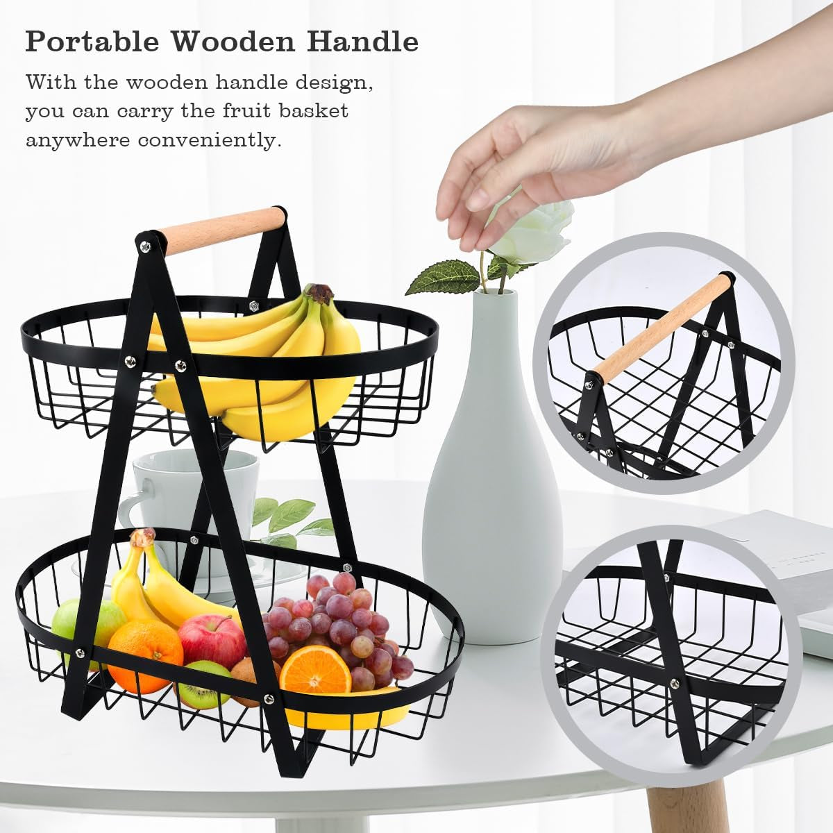 2-Tier Fruit Basket,Fruit Bowl Holder Bread Basket Vegetable Rack, Detachable Fruit Holder for Fruit, Vegetables, Snacks in Home, Kitchen Office,With Screwdriver