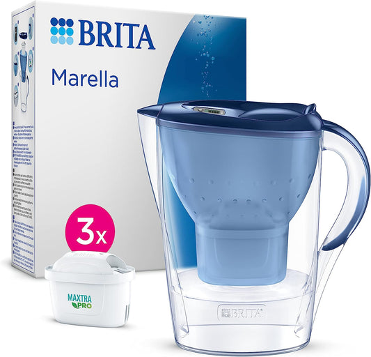 Marella Water Filter Jug Blue (2.4L) Starter Pack Incl. 3X MAXTRA PRO All-In-1 Cartridge - Fridge-Fitting Jug with Digital LTI and Flip-Lid - Now in Sustainable Smart Box Packaging
