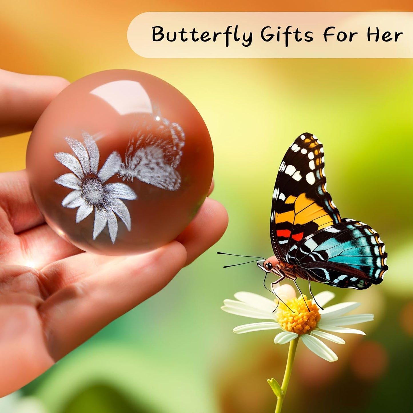 60Mm Butterfly Crystal Ball Paperweight,3D Laser Engraved Butterfly on Sunflower in Glass Ball with Stand Decorative Butterfly Glass Sphere Home Decor Gifts for Women Girls