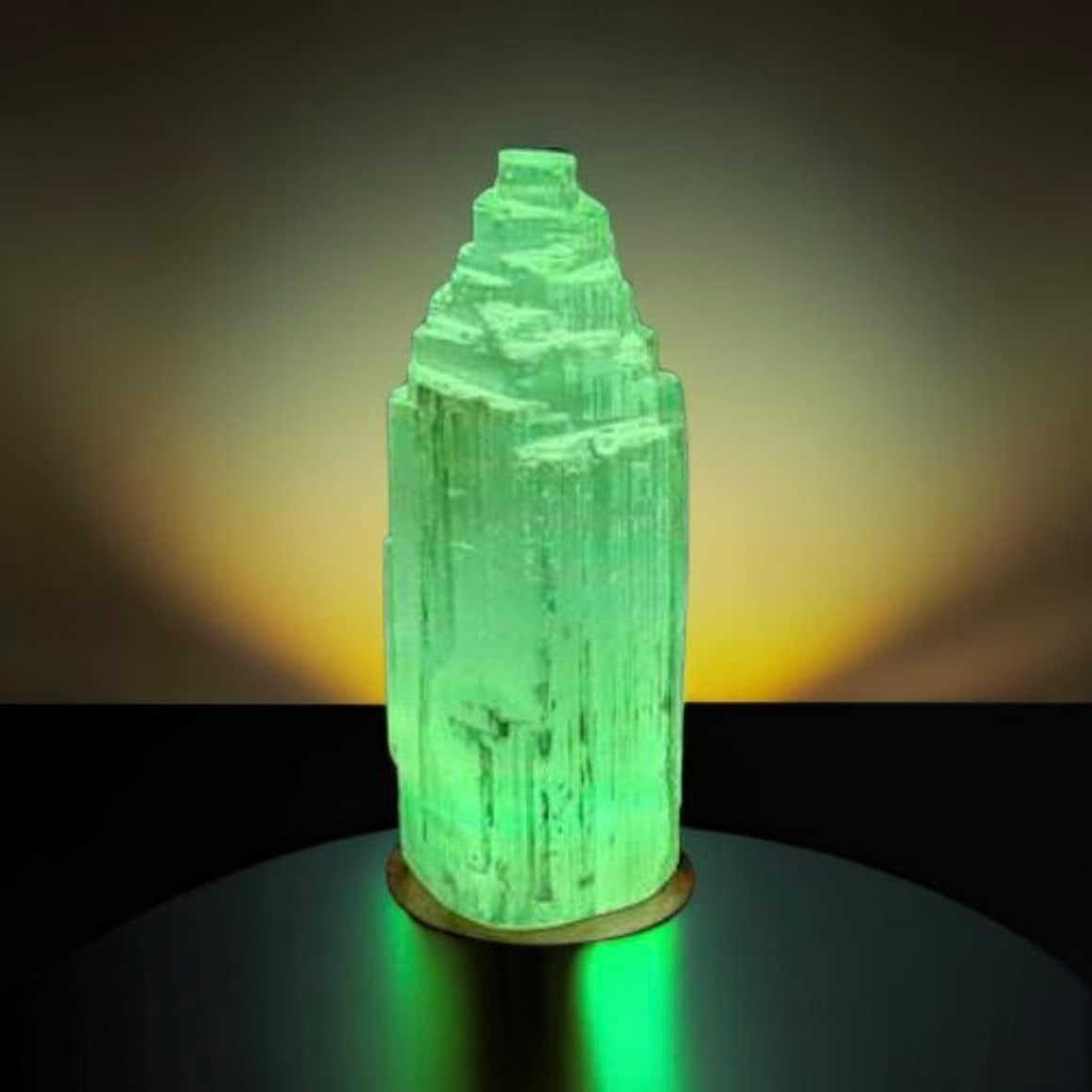 Pure Selenite Crystal Rock USB Mountain Tower LED Lamp Handcrafted Multi-Colour Wooden Base Meditation Healing Energy Mineral Gift Home Decoration Lamp (20Cm)