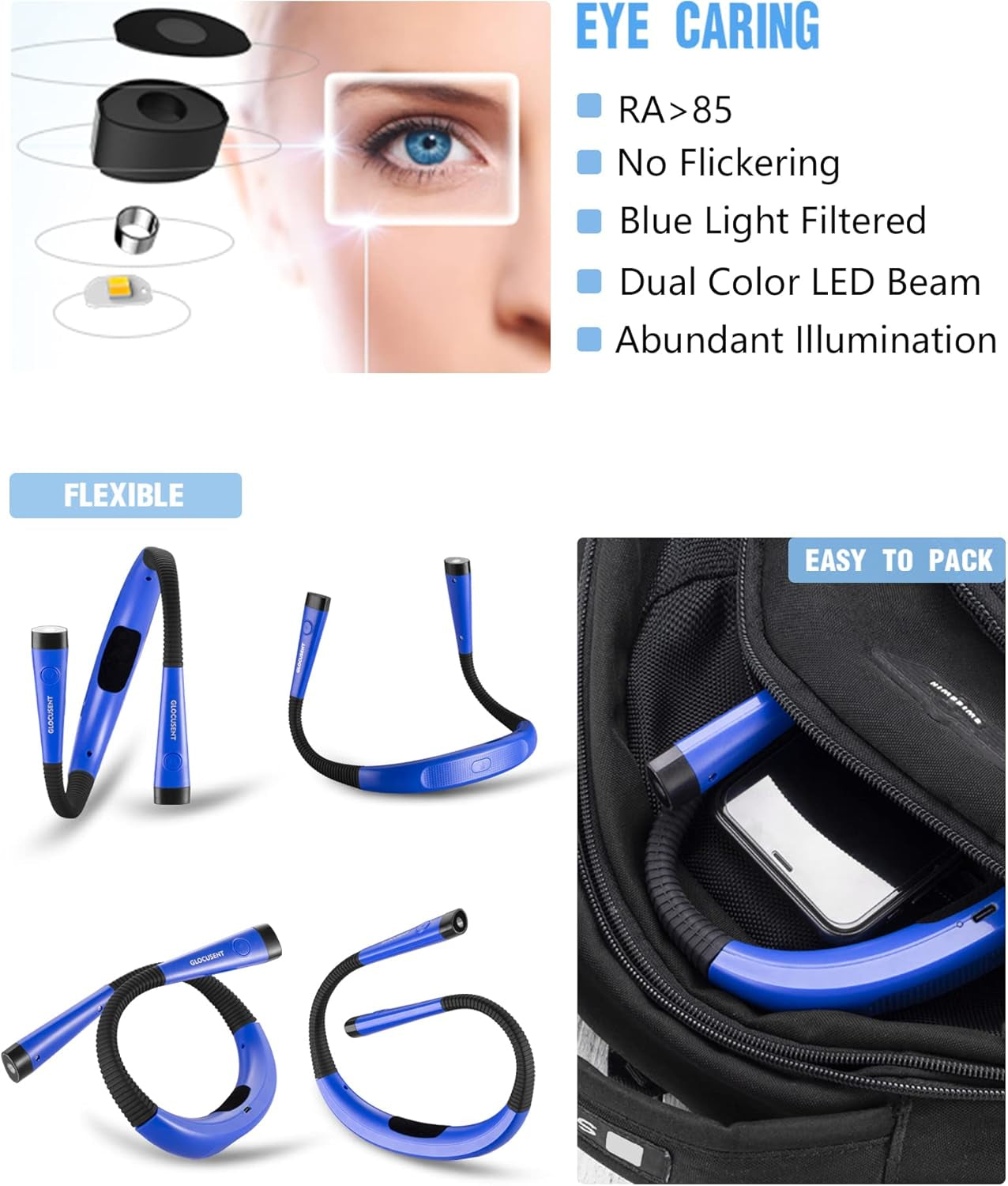 LED Neck Reading Light, Book Light for Reading in Bed, 3 Colors, 6 Brightness Levels, Bendable Arms, Rechargeable, Long Lasting, Perfect for Reading, Knitting, Camping, Repairing