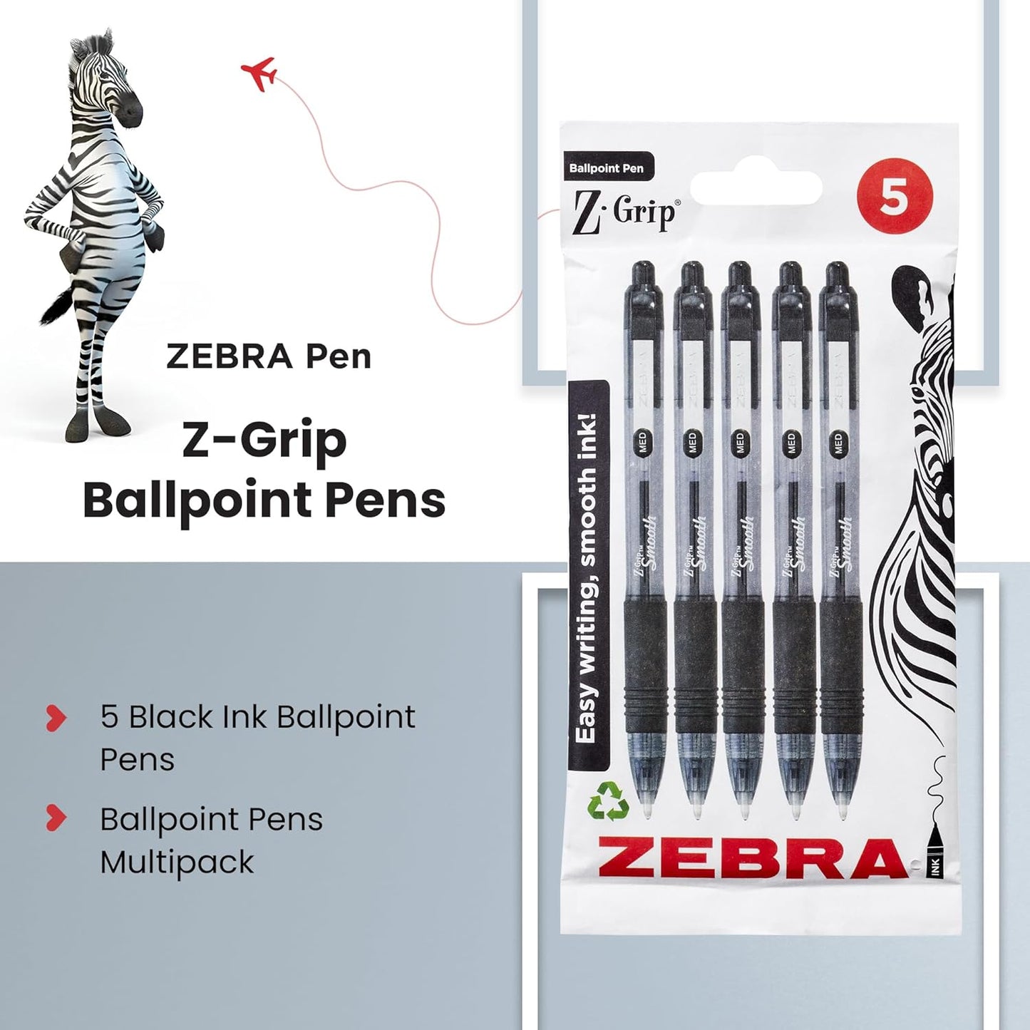 Z Grip Smooth Black Ballpoint Pens, Comfortable s with Pocket Clip, Retractable Ballpoint, Reliable Black Biro Pens Multipack for Everyday Use - Medium Point, 5Pk
