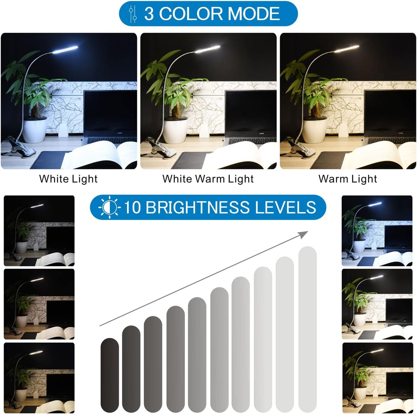 USB LED Desk Lamp Clip on Reading Light, 3 Light Mode 10 Dimmable Brightness Eye Caring Book Light, Bedside Lamp with Flexible Neck, Adjustable Perfect for Studying、Working (Silver)