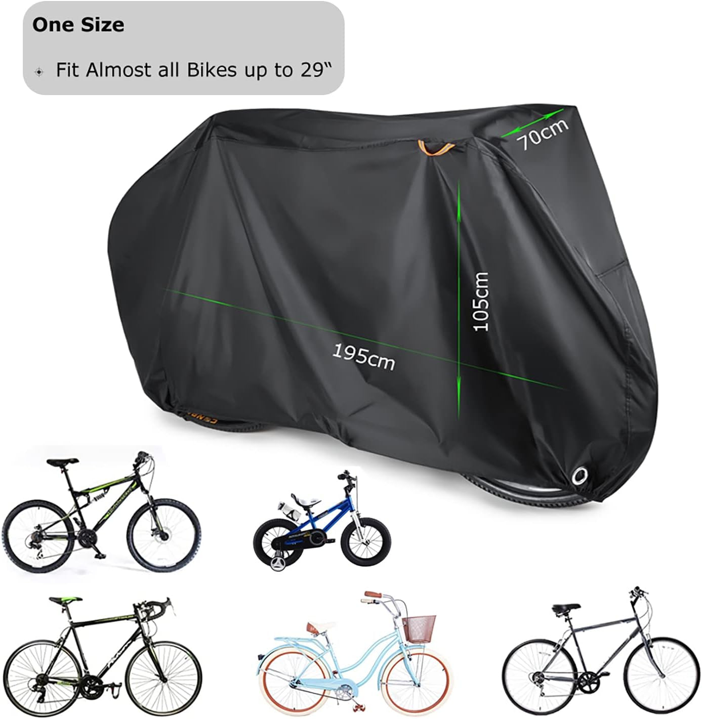 Bike Cover, Waterproof Bicycle Cover Indoor Outdoor Storage - 210T Nylon with Pu Coating, Safty Straps, Lock-Holes, Fits for Most Bikes up to 29"