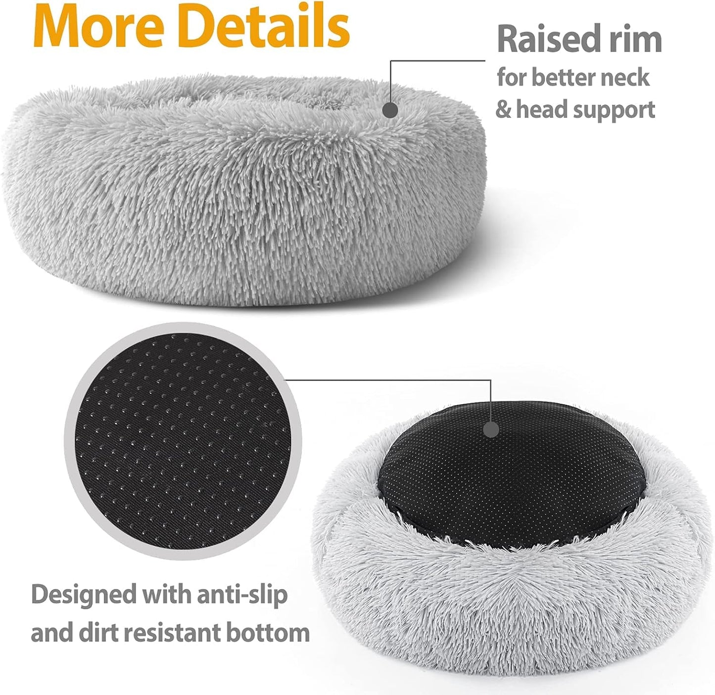 Plush Donut Dog Bed, Calming round Dog Cat Bed Soft and Fluffy Cuddler Pet Cushion Self-Warming Puppy Beds Machine Washable, Grey 50Cm