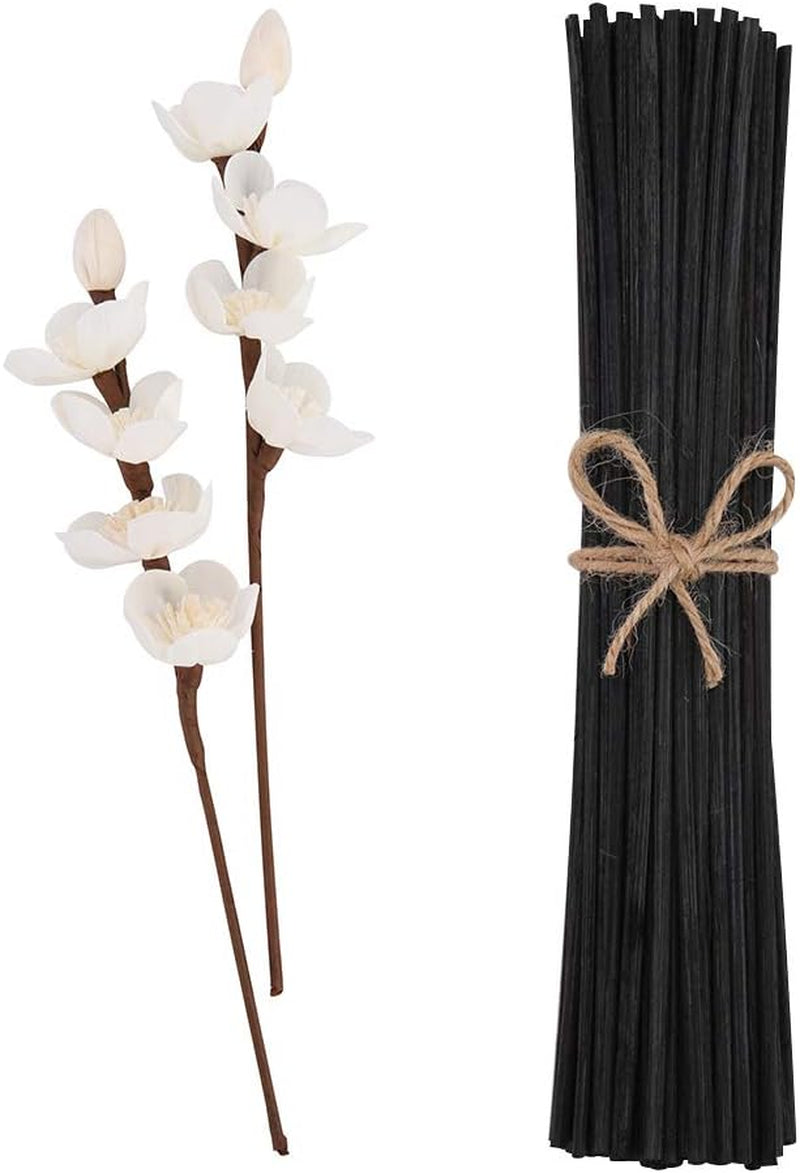 100Pcs Black Reed Diffuser Sticks Add 2 Pcs Sola Flowers 10 Inch Fiber Reed Diffuser Refill Aromatherapy Sticks Replacements Stick for Home