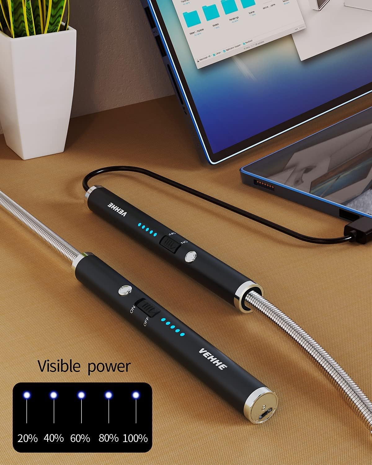 Candle Lighter, Electric Lighter Rechargeable USB Lighter with 360° Long Flexible Neck, Arc Windproof Lighter with LED Battery Display, for BBQ Camping Light Candles Gas Stoves