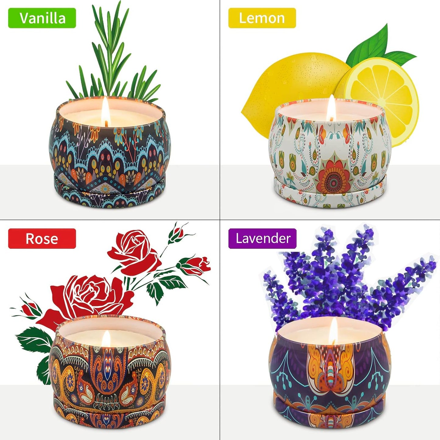 Scented Candles Home Gift Set: Aromatherapy Candle 4 Cans Made of 100% Natural Soy Wax 4.4 Oz for Birthday Gifts for Women Stress Relief Christmas Vanilla Rose Orange Lemon