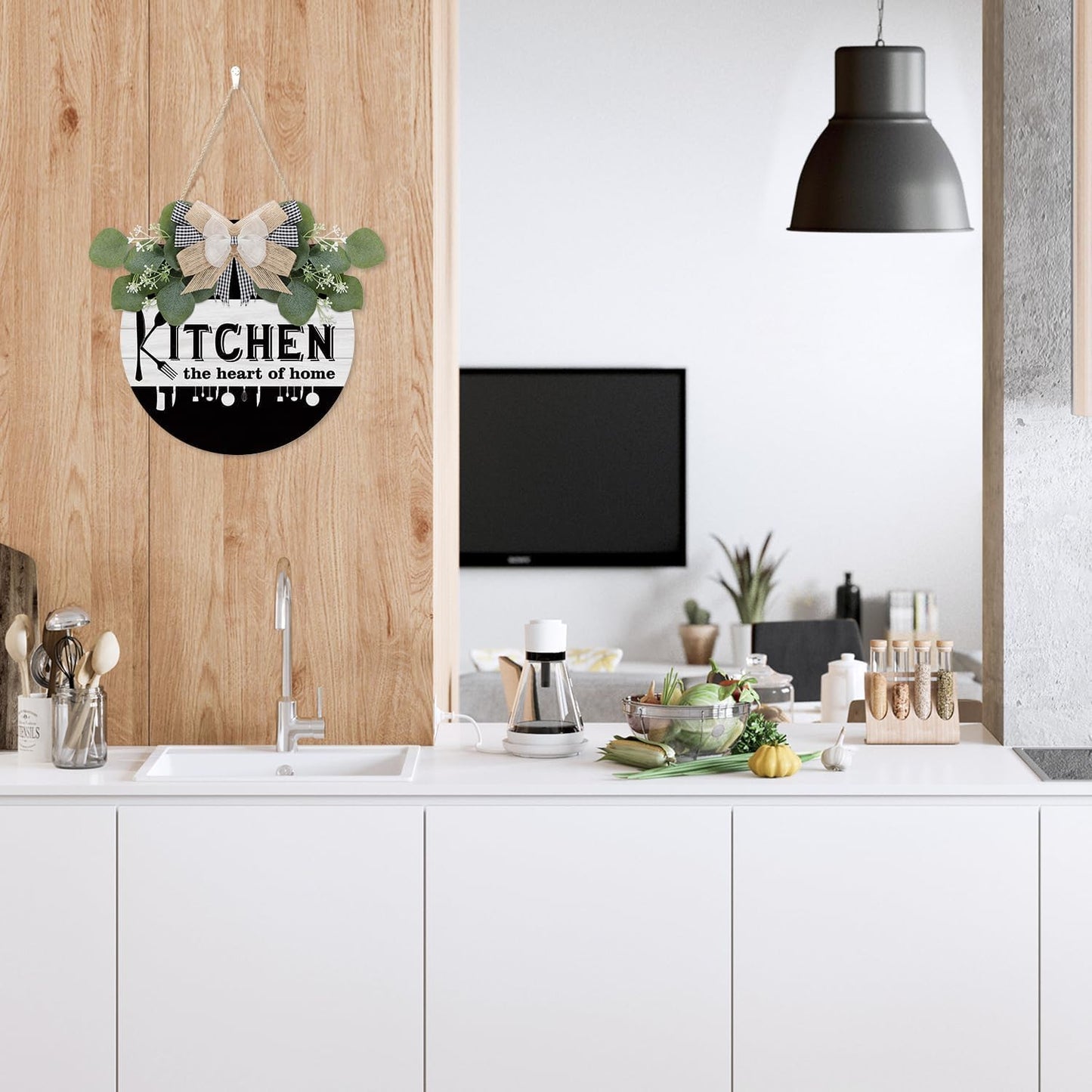 Kitchen Wooden Hanging Signs Rustic Wood Sign for Home Kitchen Decor round Wood Hanging Sign with Ribbon Bow and Artificial Green Leaves Farmhouse Style Wall Art for Kitchen Home Art Decor