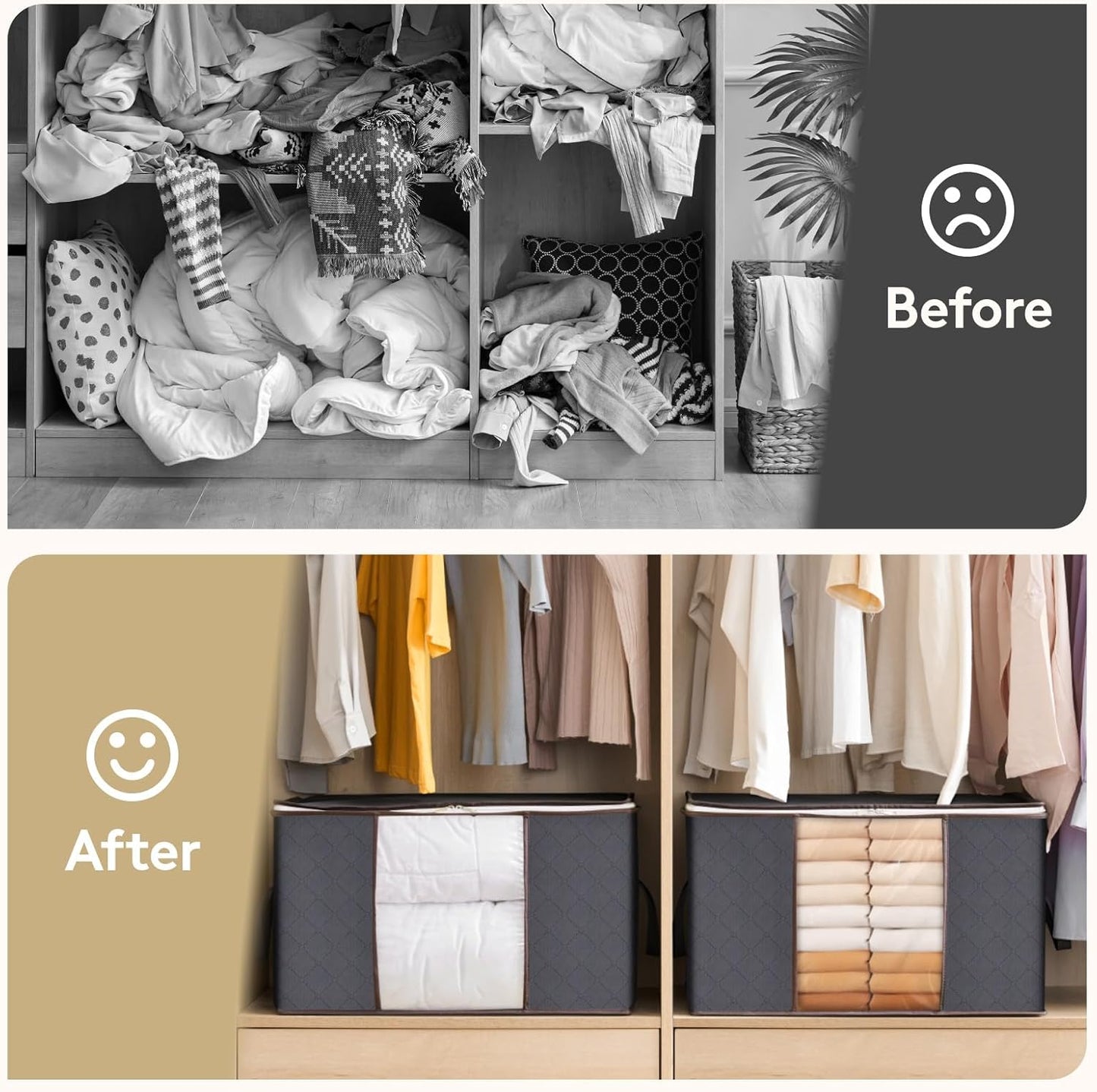 90L Clothes Storage Bags Large Storage Box with Lid Packing Boxes for Moving House with Reinforced Handle Thick Fabric Clear Window for Clothes Duvet Blankets Bedding, 3 Pack, Grey