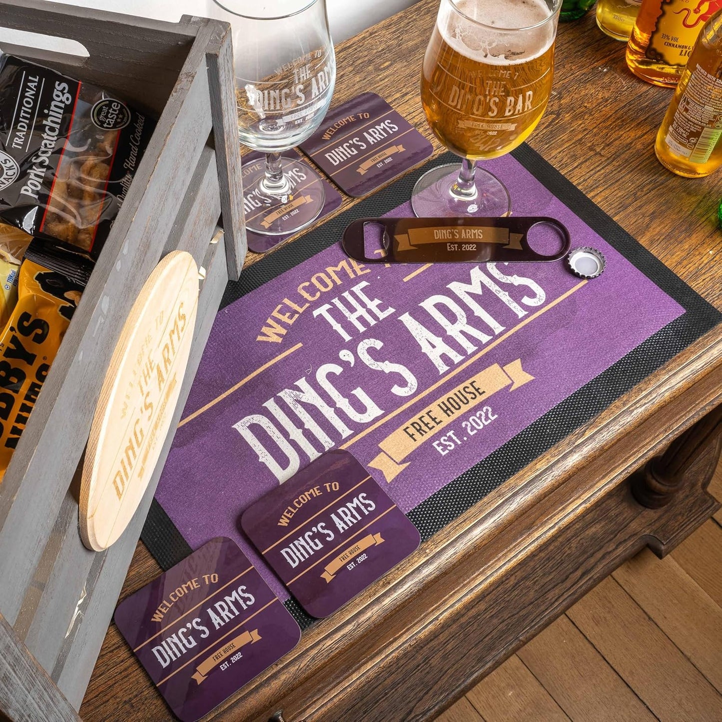 Personalised Bar Accessories for Home Pub - Bar Gift Set Custom Made Optics for Your Dads Home Bar | Choose from Bar Runners, Bottle Openers, Beer Mat Gifts