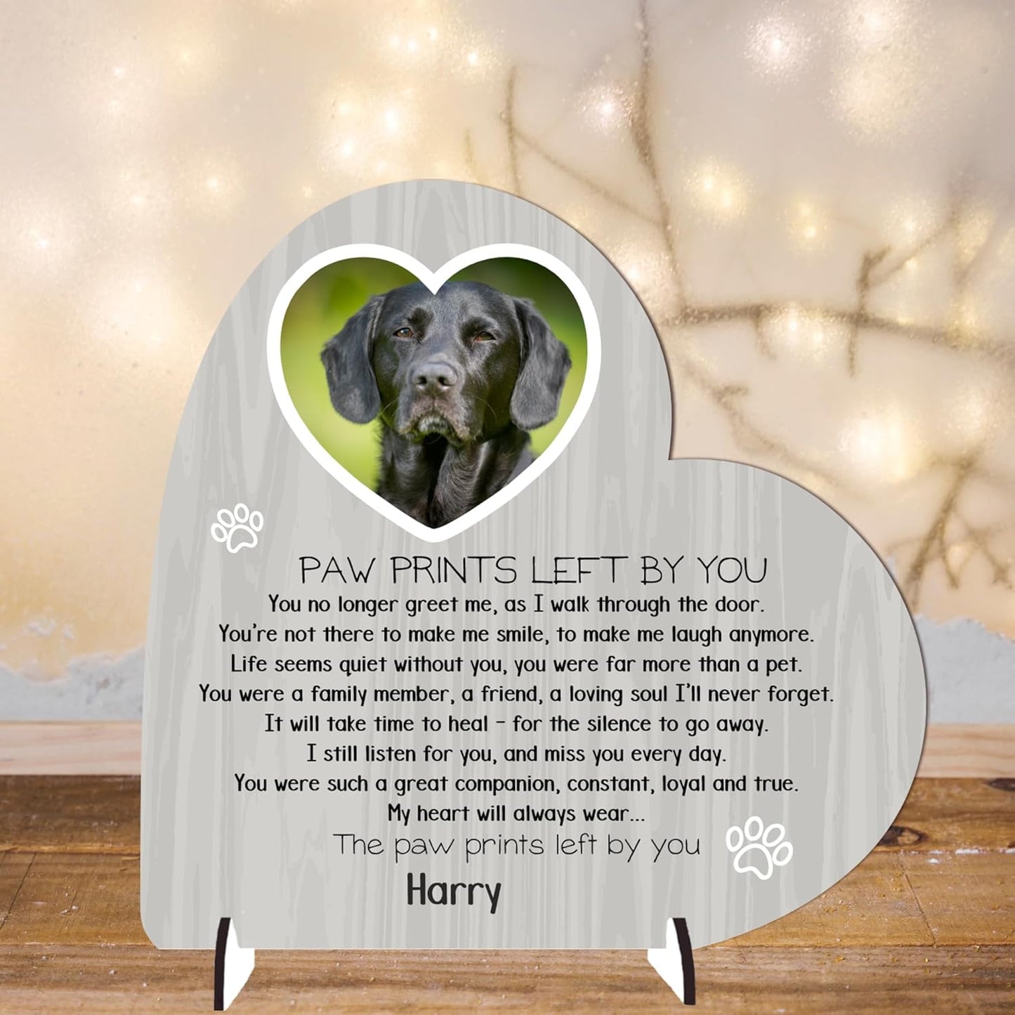 Personalised Pet Bereavement Plaque with Stands - Handcrafted Photo Memorial Decor from MDF Wood, Customisable Design, Mdf Wood Heart on Stands Uk-Made (Mdf Wood 13.5Cm X 13.5Cm, Grey Wood Effect)