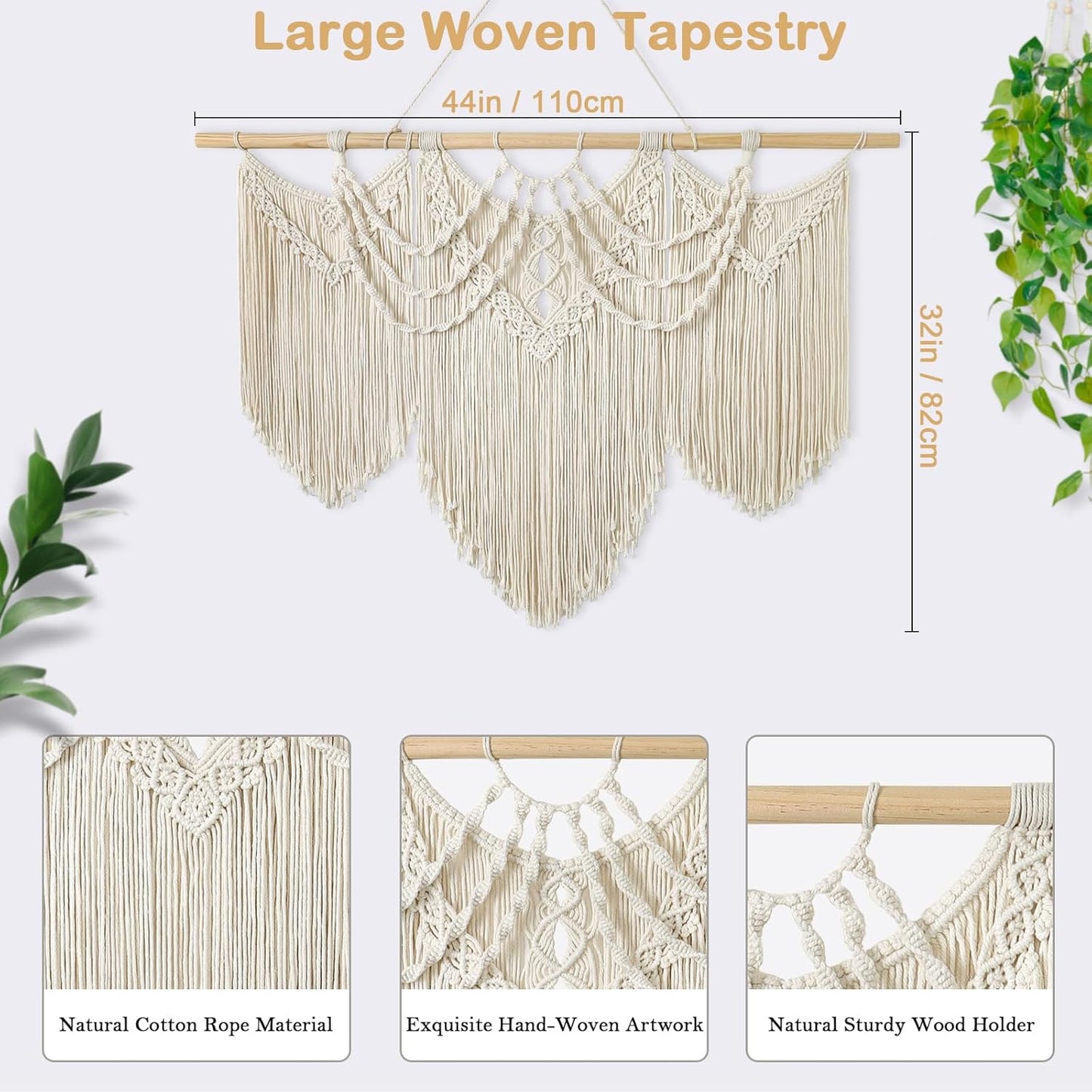 Large Macrame Wall Hanging Boho Handmade Woven Tapestry Tassel Craft Ornament Wall Art Beige Natural Cotton Rope Bohemian Chic Wall Decor for Bedroom Living Room Office Apartment