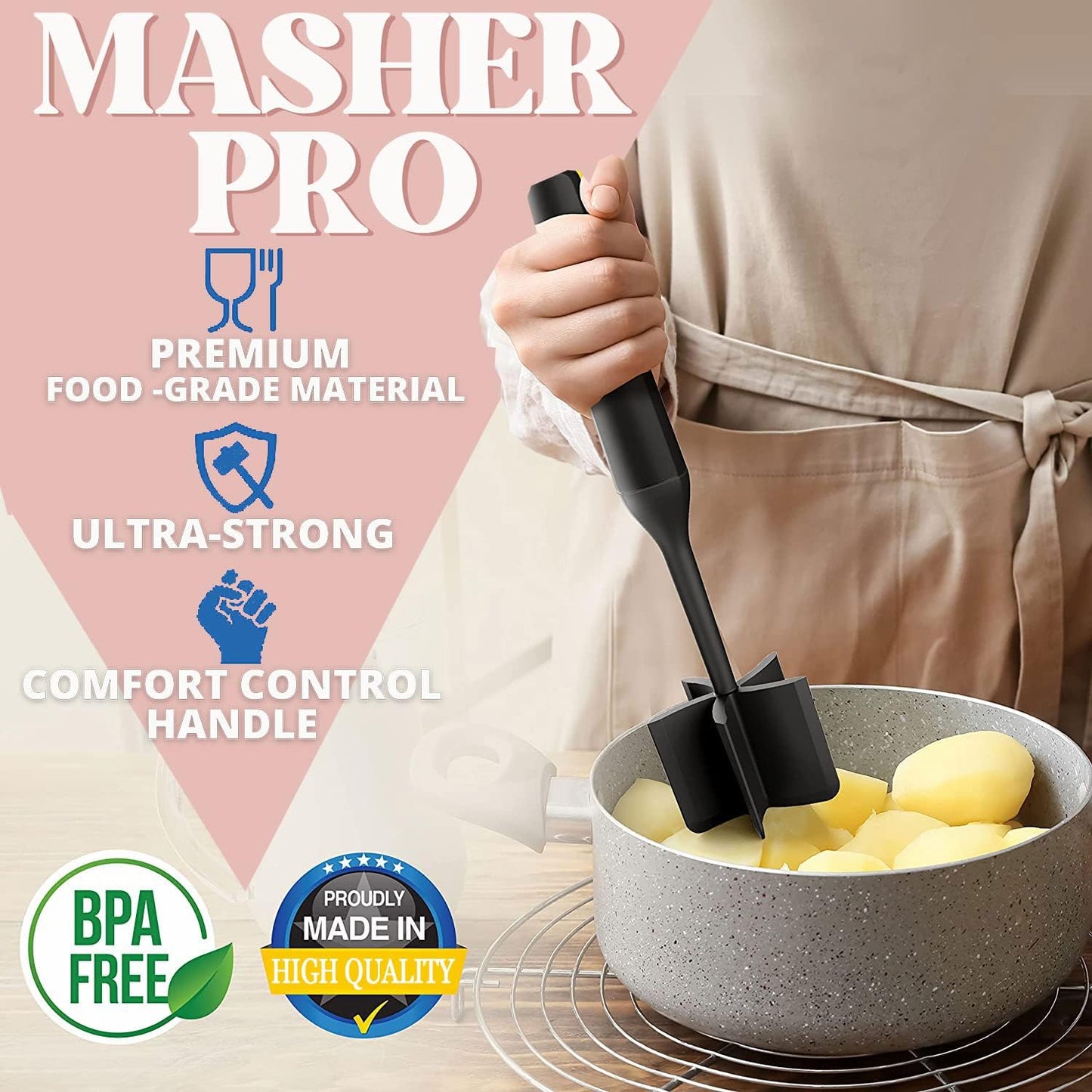 Meat Chopper, Ground Beef Masher with 5-Blade Head, Versatile High-Temp Heat-Resistant Hamburger Mince Masher, Non-Stick Mince Meat Masher for Hamburger Meat, Beef, Nylon Utensil Cookware