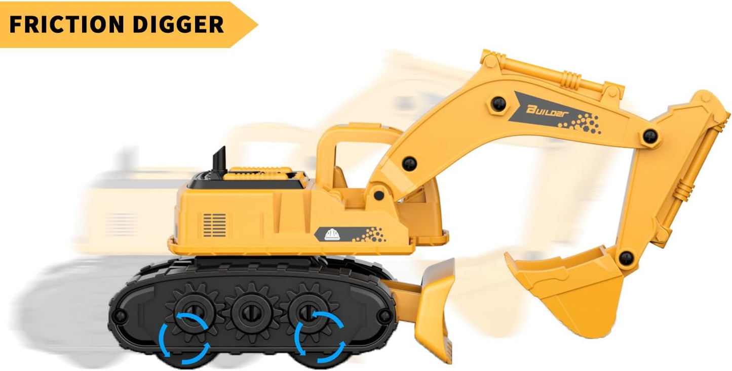 Kids Digger Toy, Construction Model Excavator, 2 in 1 Friction Tractor with Bulldozer, Mini Vehicles Car for Boys Age 2+ Year Olds, Engineering Crane Loader Children Gift, Yellow