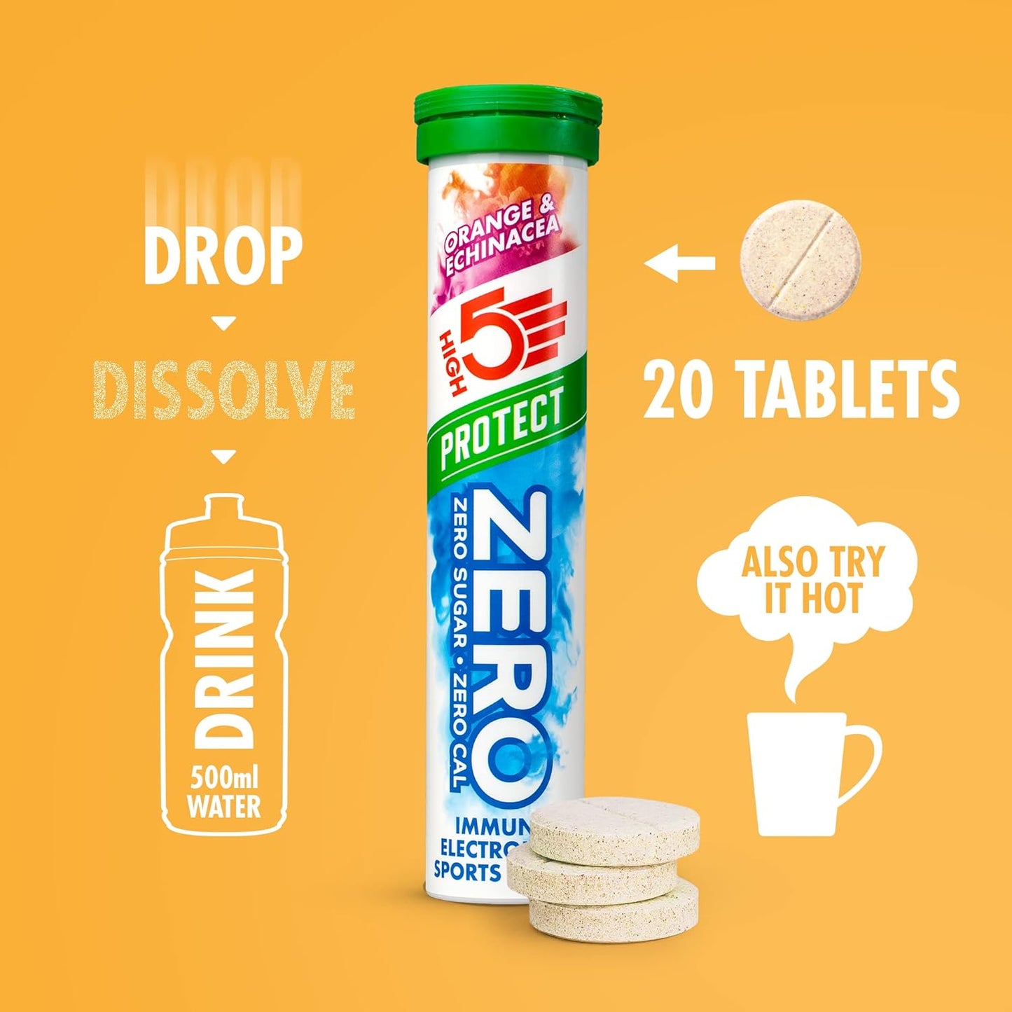ZERO Protect Electrolyte Tablets | Hydration Tablets with Vitamin C & D | 0 Calories & Sugar Free | Boost Hydration, Performance & Wellness | Orange & Echinacea, 20 Tablets (20X, Pack of 1)