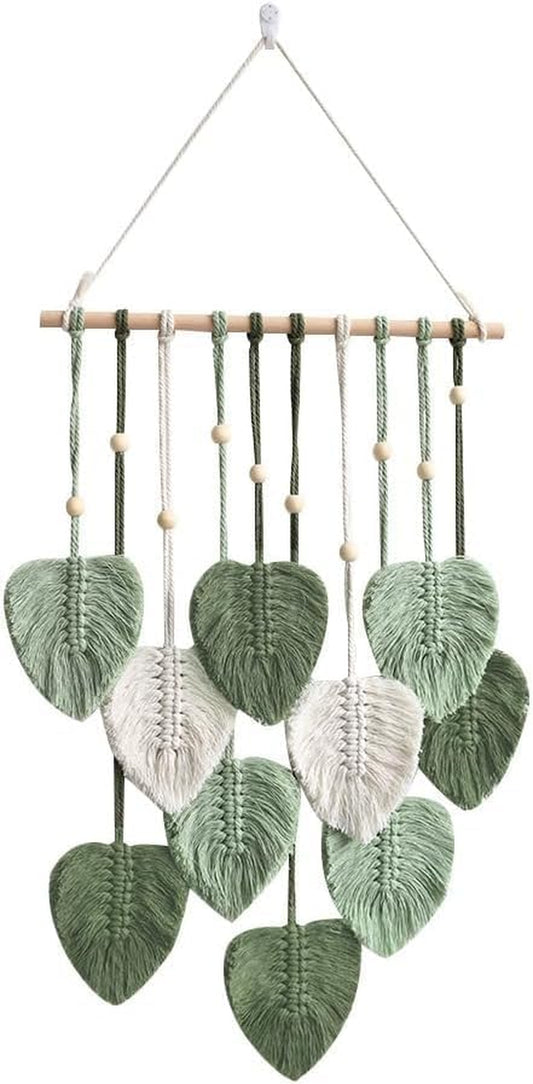 Macrame Wall Hanging Green Leaf Tassel Tapestry Boho Chic Wall Decor Handmade Woven Cotton Rope Tapestry Aesthetic Bohemian Wall Art for Bedroom Living Room Office Apartment Ornament
