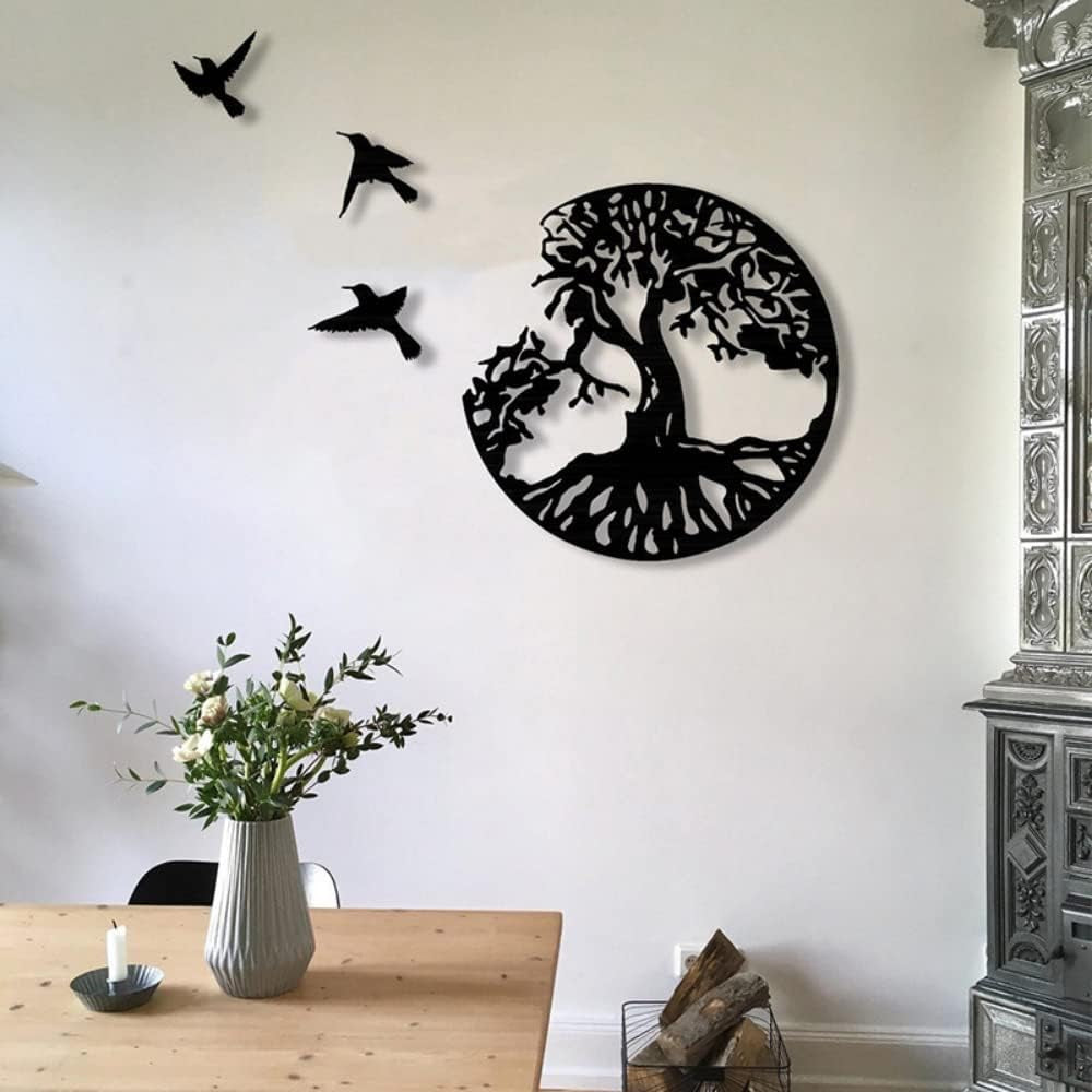 Black Metal Wall Art Tree Life Metal Wall Decor Wall Sculptures Tree Bird Shaped Wall Sign Black Hanging Ornaments for Bedroom Living Room Decoration(28Cm/11.02In)
