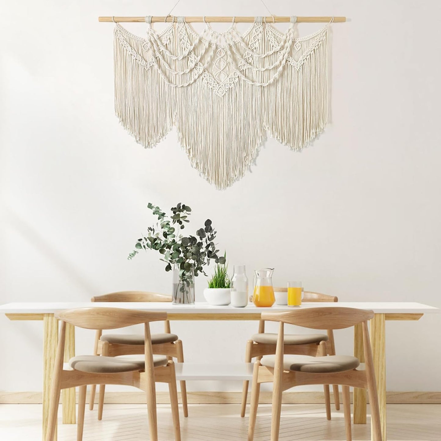 Large Macrame Wall Hanging Boho Handmade Woven Tapestry Tassel Craft Ornament Wall Art Beige Natural Cotton Rope Bohemian Chic Wall Decor for Bedroom Living Room Office Apartment