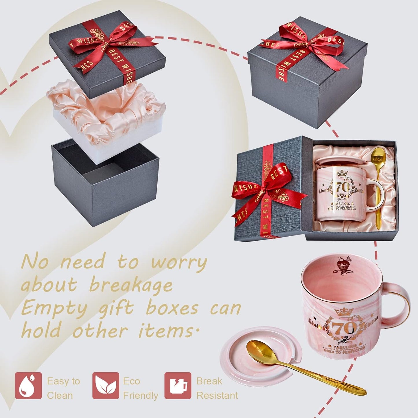 70Th Birthday Gifts for Women - 14Oz Pink Aged to Perfection Seventy Birthday Mug Printed with Gold - Happy Birthday Keepsakes Presents for 70 Years Old Grandma Mum Nanny, with Gift Box Lid Card Spoon