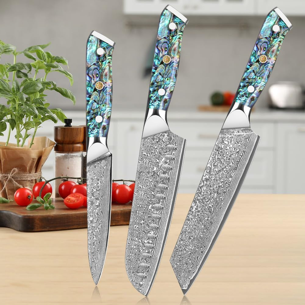 Damask Knive Set of 3, 12.4-19Cm Blade Made of 67 Layers of VG-10 Damascus Steel, Santoku Knife, Kiritsuke Knife, Universal Knife, Abalone Shell Handle, Gift Box